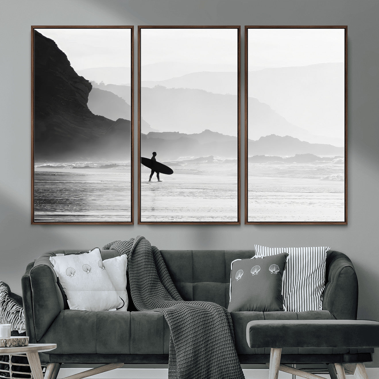 MGV-FC-48X32-3P - Surfer In Fog Wall Art Canvas Print, Framed Moody Shoreline Art Picture Print, Cliffside Waves Perfect Minimalist Coastal Decor Artwork