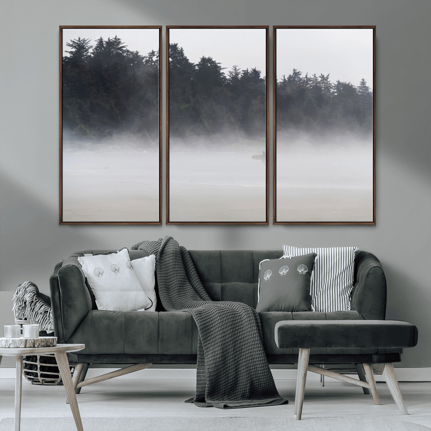 59703275-MGV-CV-36X24-Surfer Fog Wall Art Canvas Print – Framed Foggy Beach Scene with Coastal Surf Artwork for Home, Office, Living Room