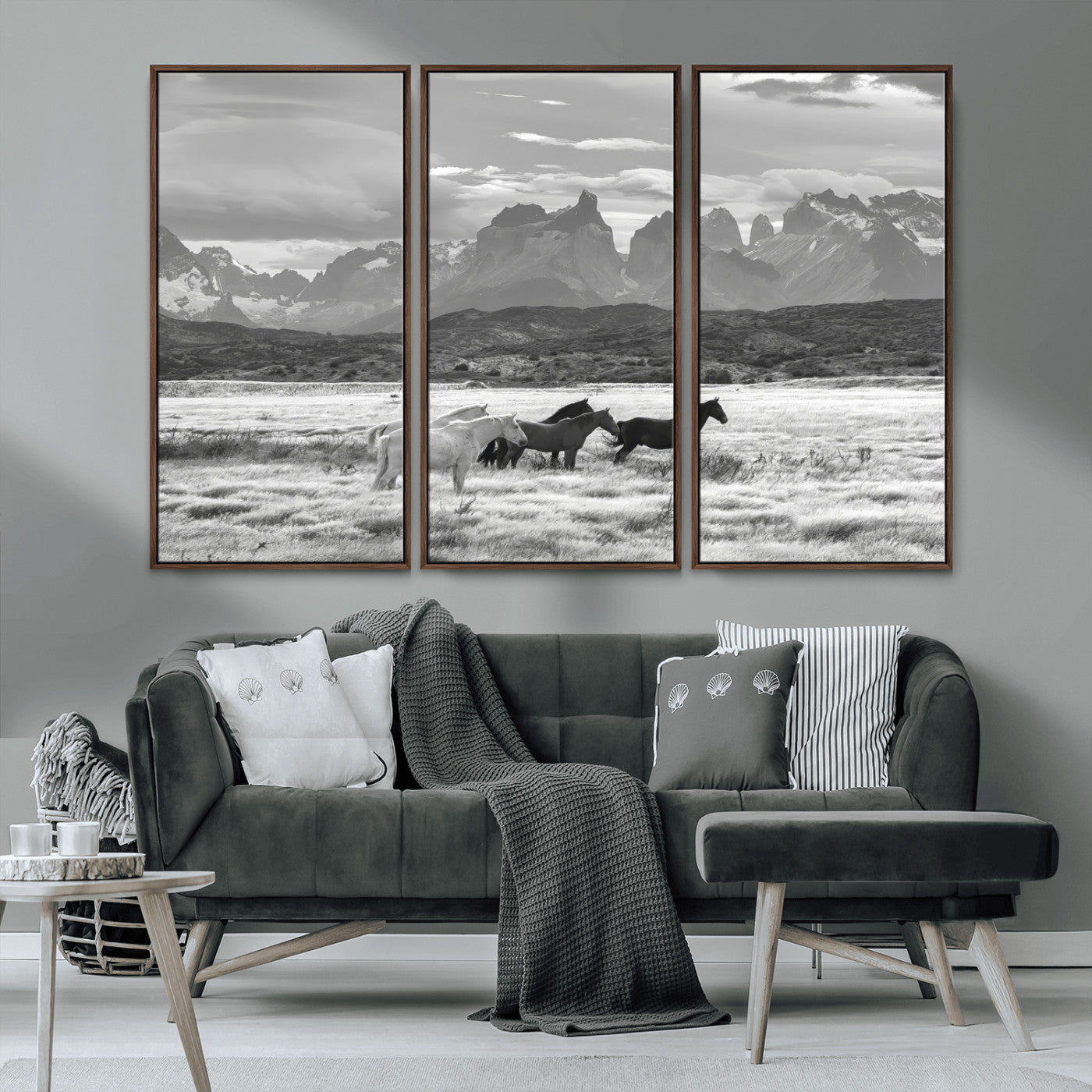 MGV-FC-48X32-3P - Wild Horses Wall Art Canvas Print, Framed Black White Mountains Art Picture Print, Rustic Countryside Perfect Rustic Western Decor Artwork
