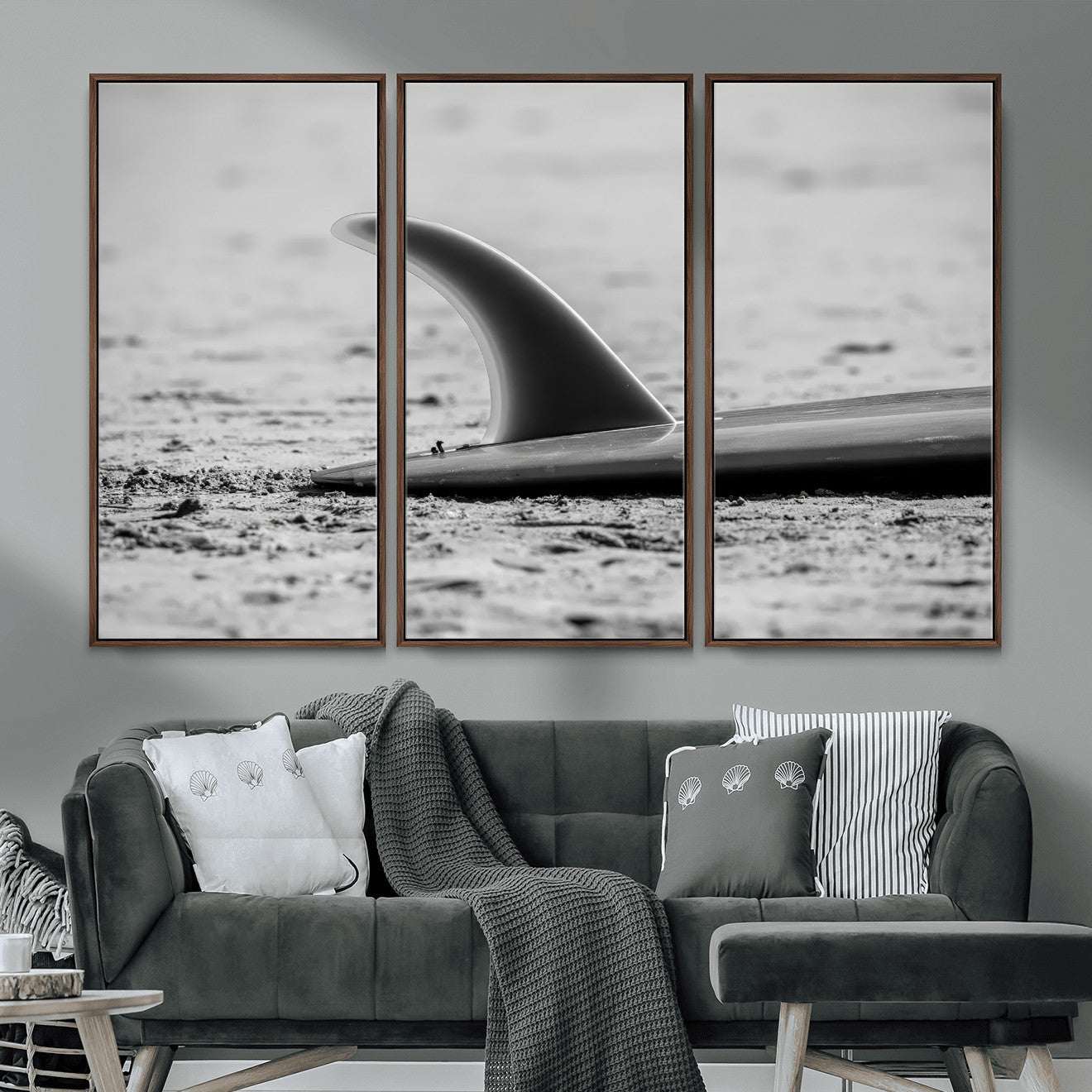 MGV-FC-48X32-3P - Black White Surfboard Wall Art Canvas Print, Framed Minimalist Beach Art Picture Print, Surf Fin Perfect Minimalist Coastal Decor Artwork