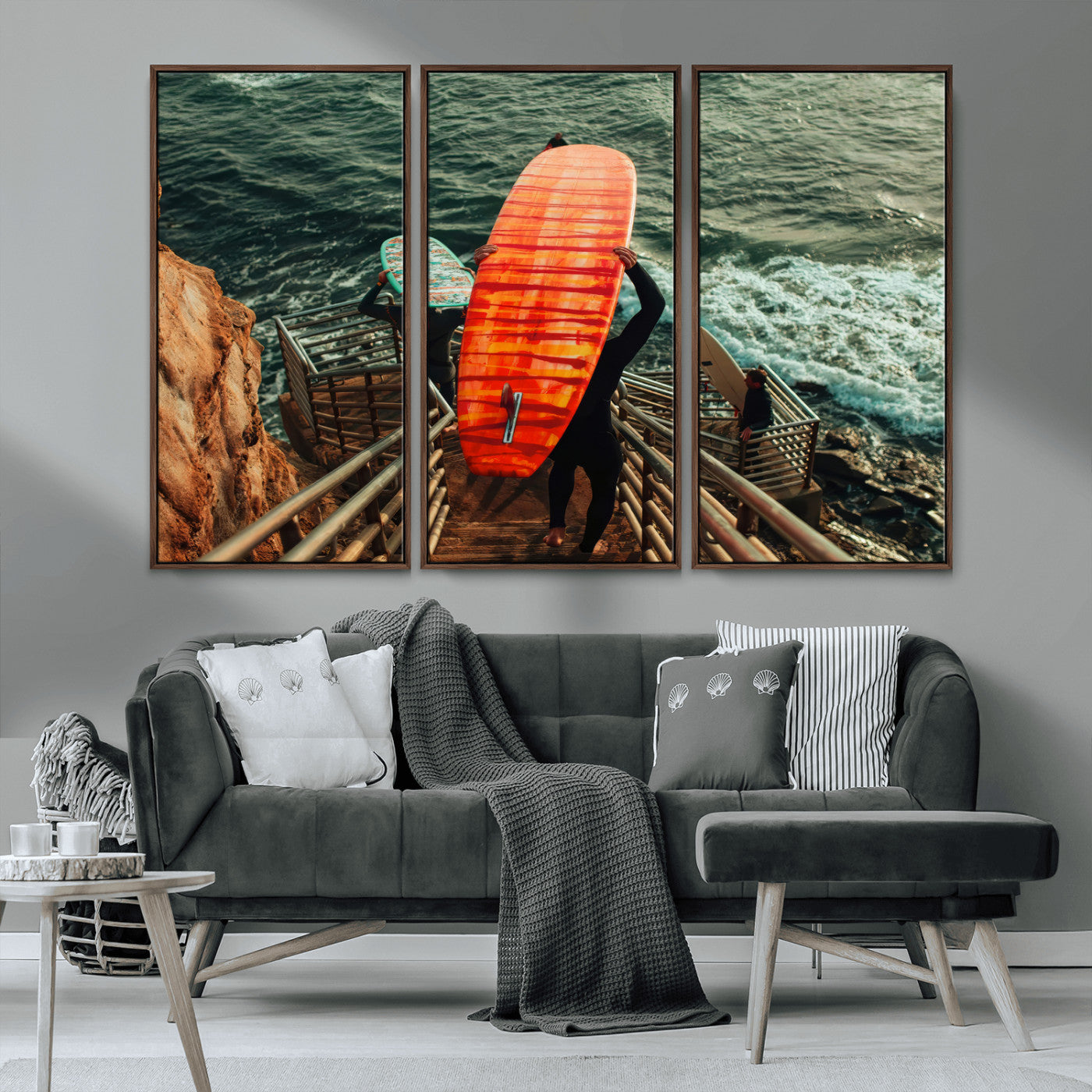 MGV-FC-48X32-3P - Surfer Stairway Wall Art Canvas Print, Framed Ocean Surf Art Picture Print, Sunset Coastal Perfect Coastal Adventure Decor Artwork