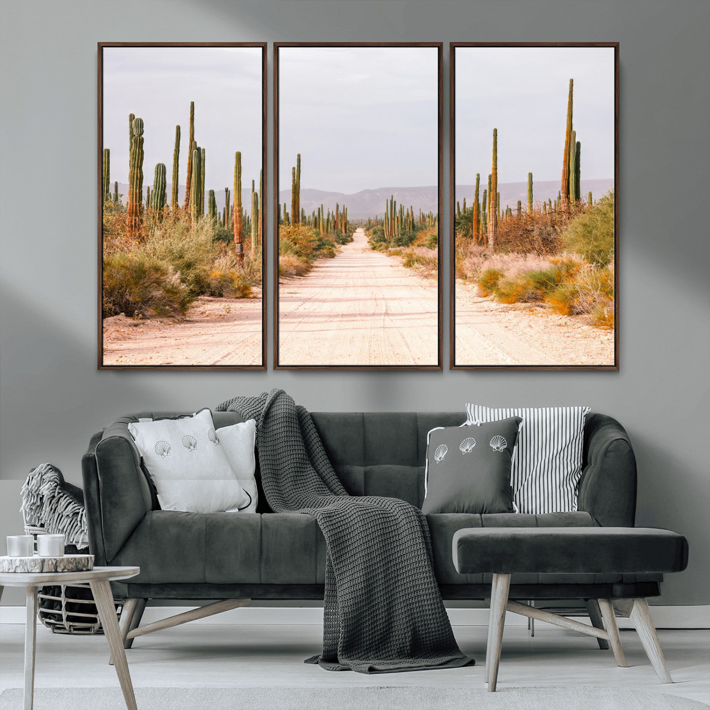 MGV-FC-48X32-3P - Desert Cactus Lined Road Wall Art Canvas Print, Framed Southwestern Landscape Art Picture Print, Bohemian Western Aesthetic Perfect Southwestern Boho Decor Artwork