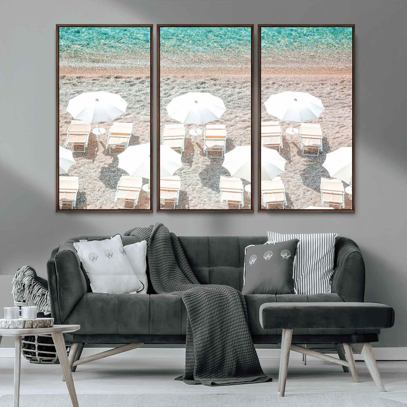 MGV-FC-48X32-3P - Calm Beach Wall Art Canvas Print, Framed Turquoise Water Art Picture Print, Umbrella Shoreline Perfect Coastal Minimalist Decor Artwork