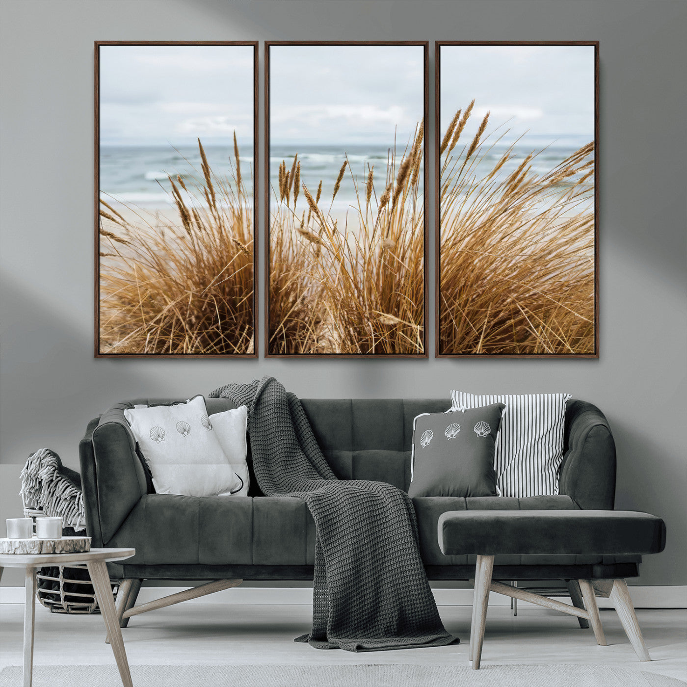MGV-FC-48X32-3P - Beach Grass Wall Art Canvas Print, Framed Coastal Dunes Art Picture Print, Dune Grass Perfect Coastal Minimalist Decor Artwork