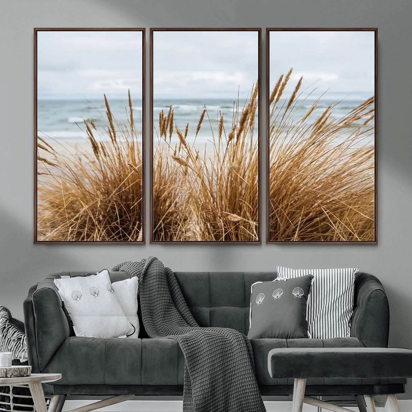 14270839-MGV-FC-48X32-3P_Walnut-Beach Grass Wall Art – Framed Coastal Dunes Canvas Artwork, Minimal Seaside Design, Modern Coastal Decor for Home, Office