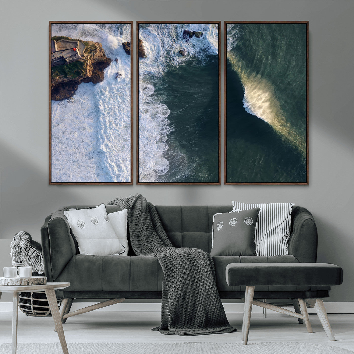 MGV-FC-48X32-3P - Nazaré Coast Wall Art Canvas Print, Framed Aerial Ocean Art Picture Print, Coastal Fortress Perfect Dramatic Coastal Decor Artwork