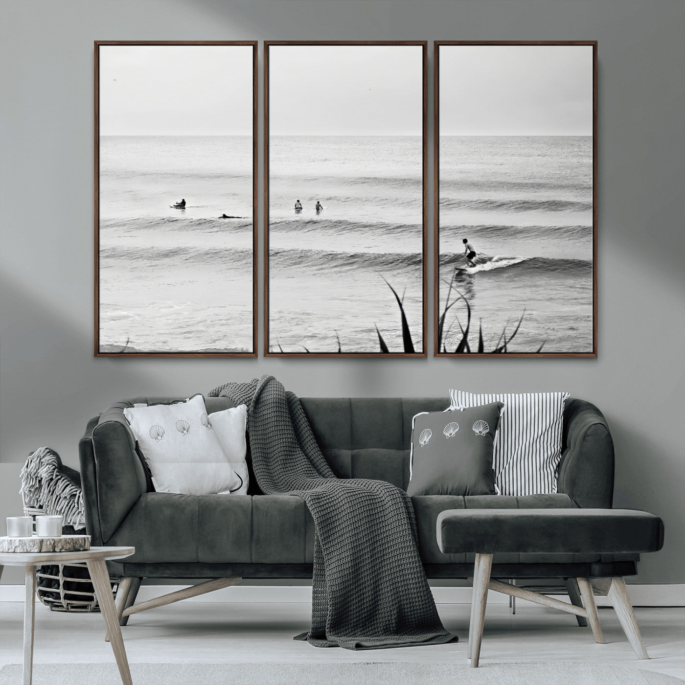MGV-FC-48X32-3P - Surfer Silhouette Wall Art Canvas Print, Framed Calm Ocean Art Picture Print, Monochrome Surf Perfect Minimalist Coastal Decor Artwork