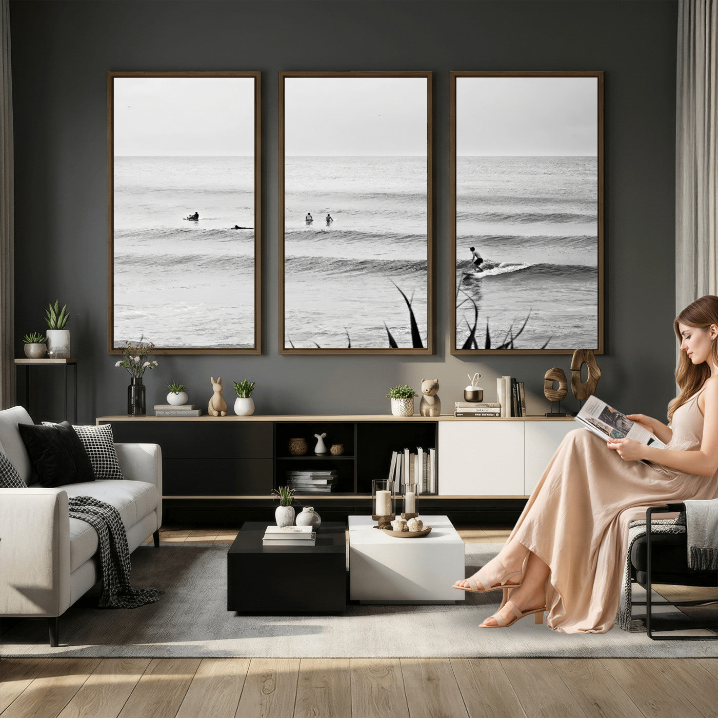 33821421-MGV-CV-36X24 - Surfer Silhouette Wall Art Canvas Print, Framed Calm Ocean Art Picture Print, Monochrome Surf Minimalist Coastal Decor Artwor