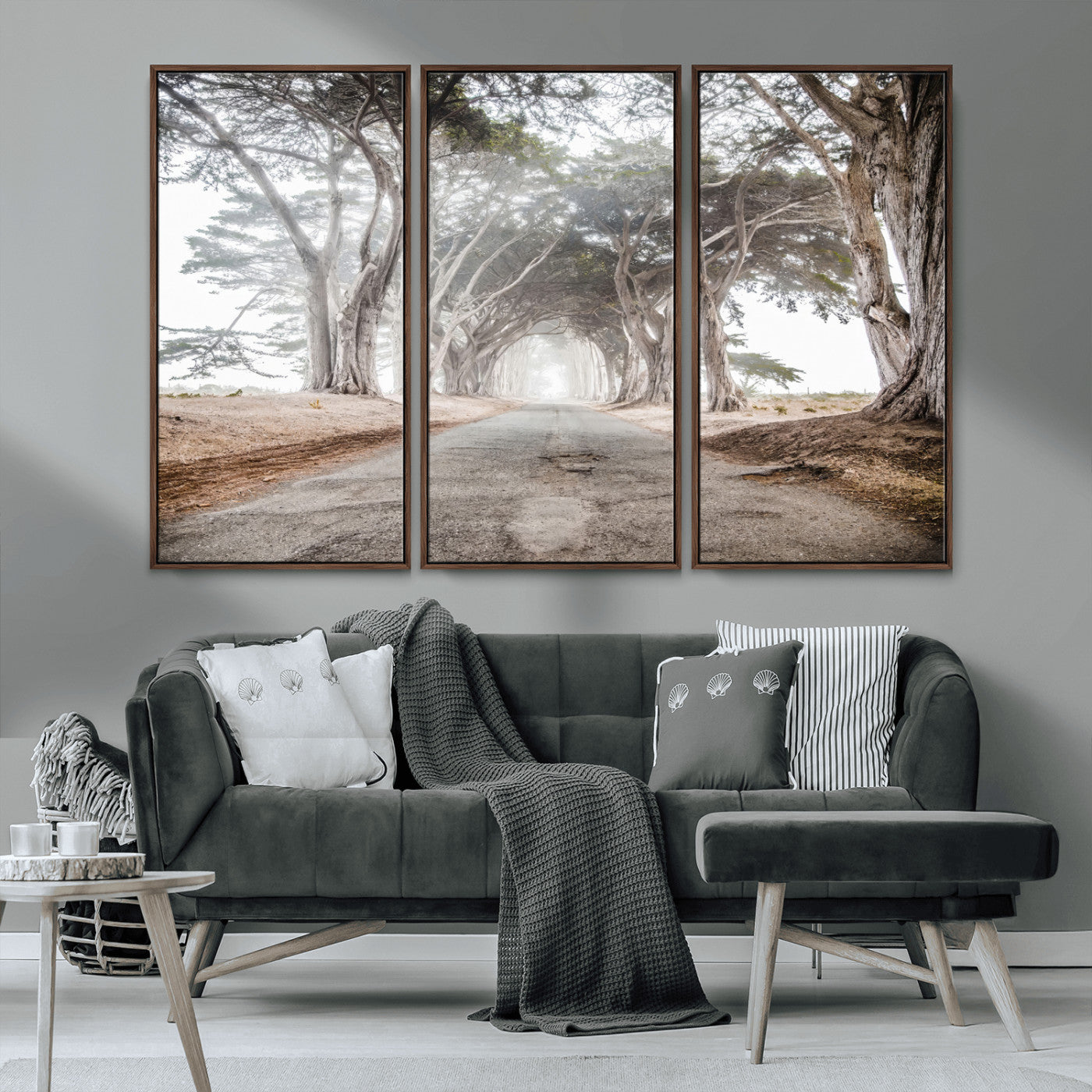 MGV-FC-48X32-3P - Cypress Tunnel Wall Art Canvas Print, Framed Misty Road Art Picture Print, Foggy Trees Perfect Rustic Woodland Decor Artwork