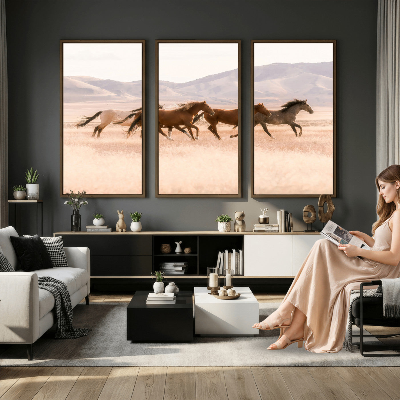 HORSESH-MGV-CV-36X24 - Wild Horses Wall Art – Running Freedom Canvas Print, Graceful Movement, Outdoor Landscape, Nature’s Power and Spirit, Home or Office Decor