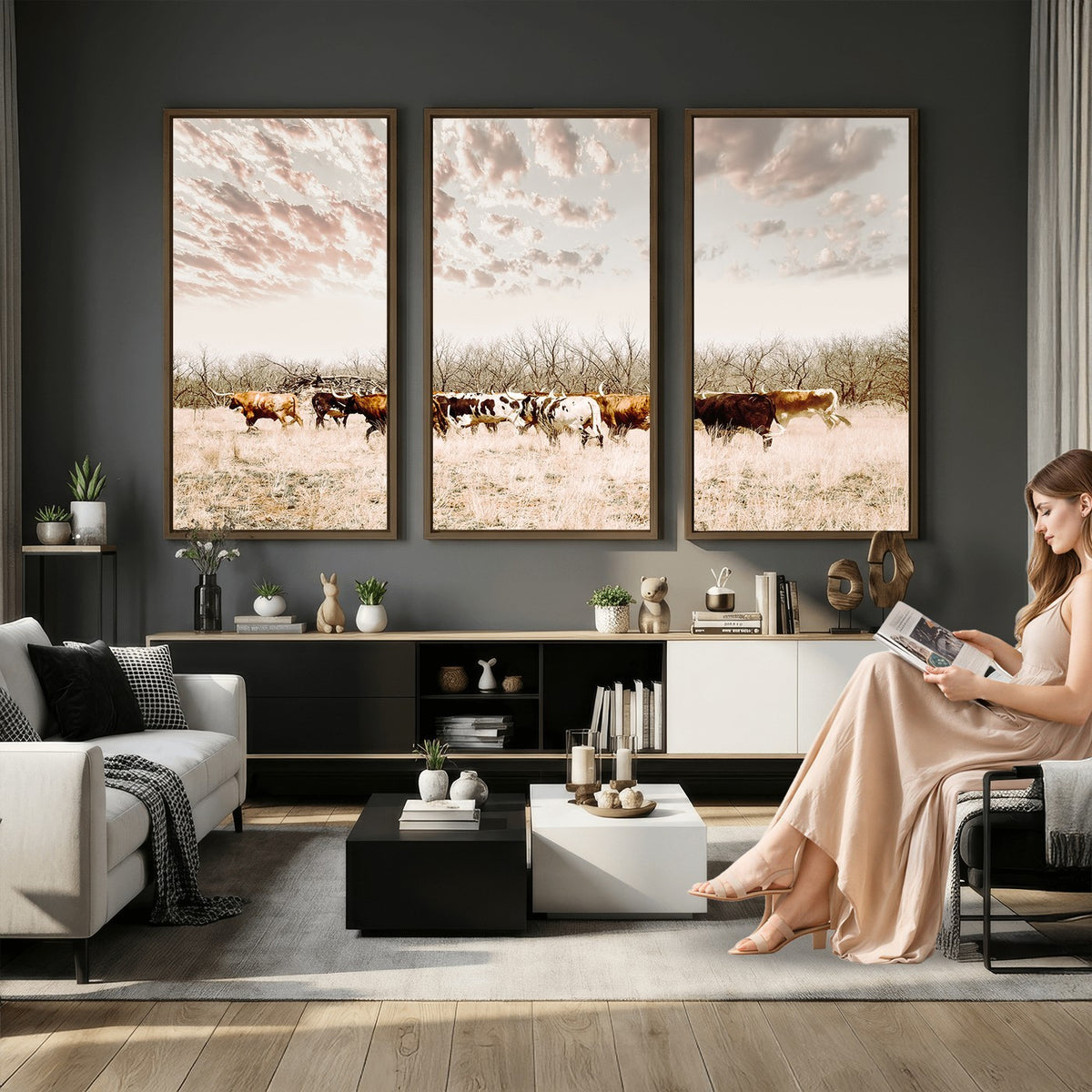 64892775-MGV-CV-24X16 - Longhorn Cattle Wall Art Canvas Print, Framed Texas Ranch Art, Western Cow Print, Prairie Landscape Decor