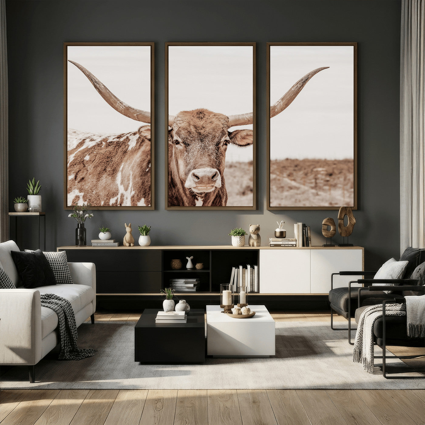 39964150-MGV-CV-36X24 - Longhorn Cow Wall Art Canvas Print, Texas Ranch Print, Framed Western Bull Art Print, Large BigHorn Cowboy Printing Perfect for County Decor