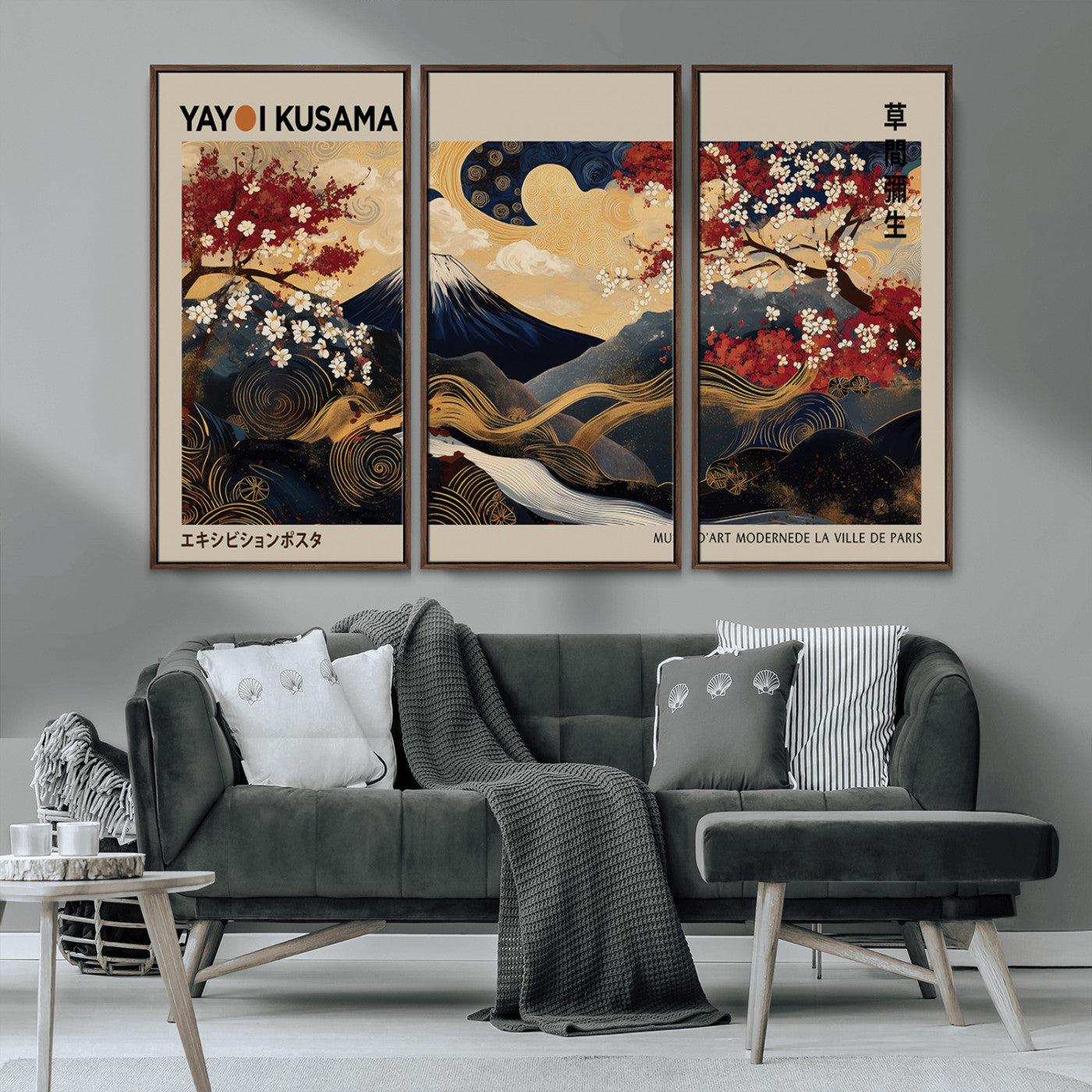 MGV-FC-48X32-3P - Modern Japanese Wall Art, Yayoi Kusama Japanese Print Wall Art, Abstract Mount Fuji Canvas Print,