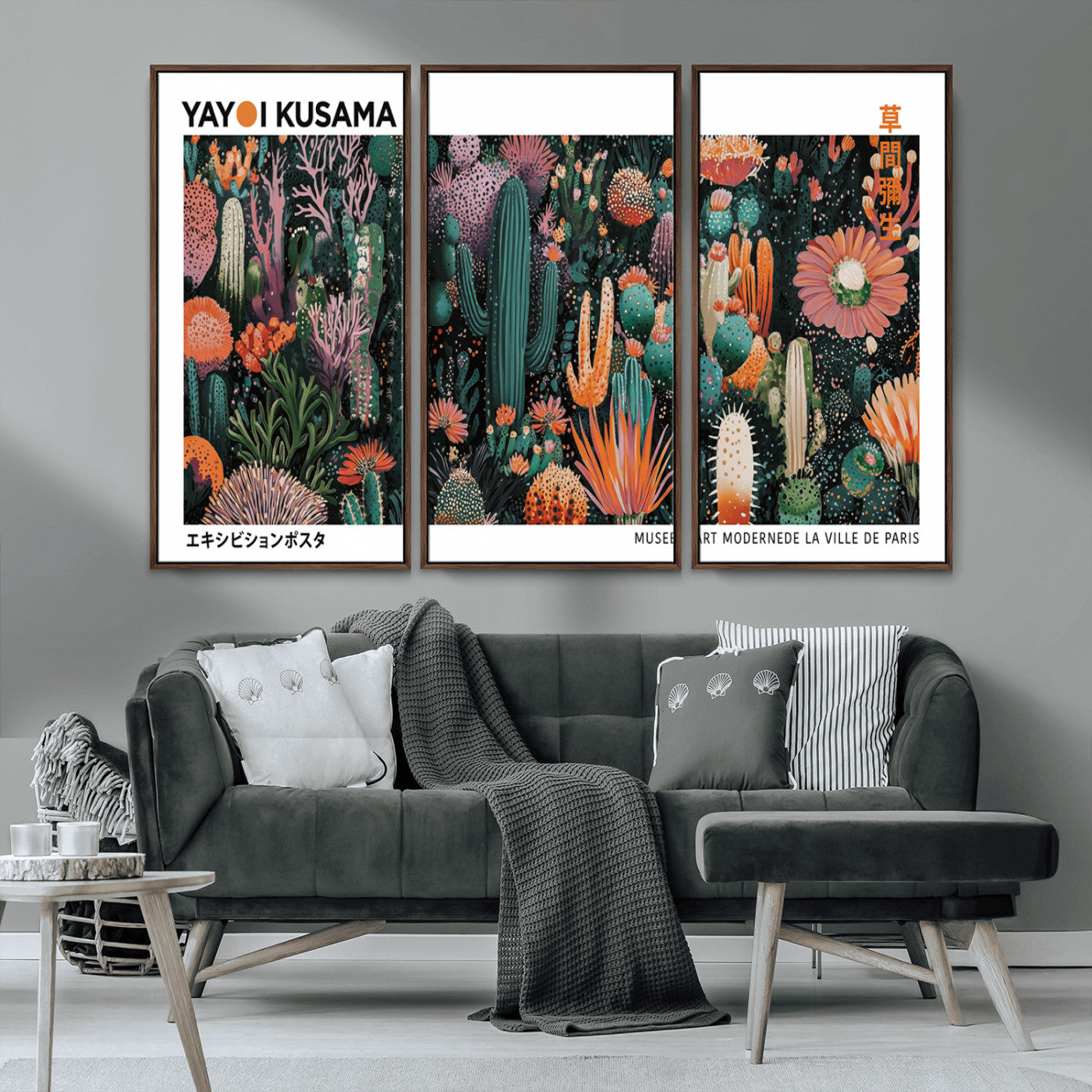MGV-FC-48X32-3P - Modern Japanese Wall Art Print, Yayoi Kusama Print Wall Decor, Abstract Mount Fuji Canvas Print,