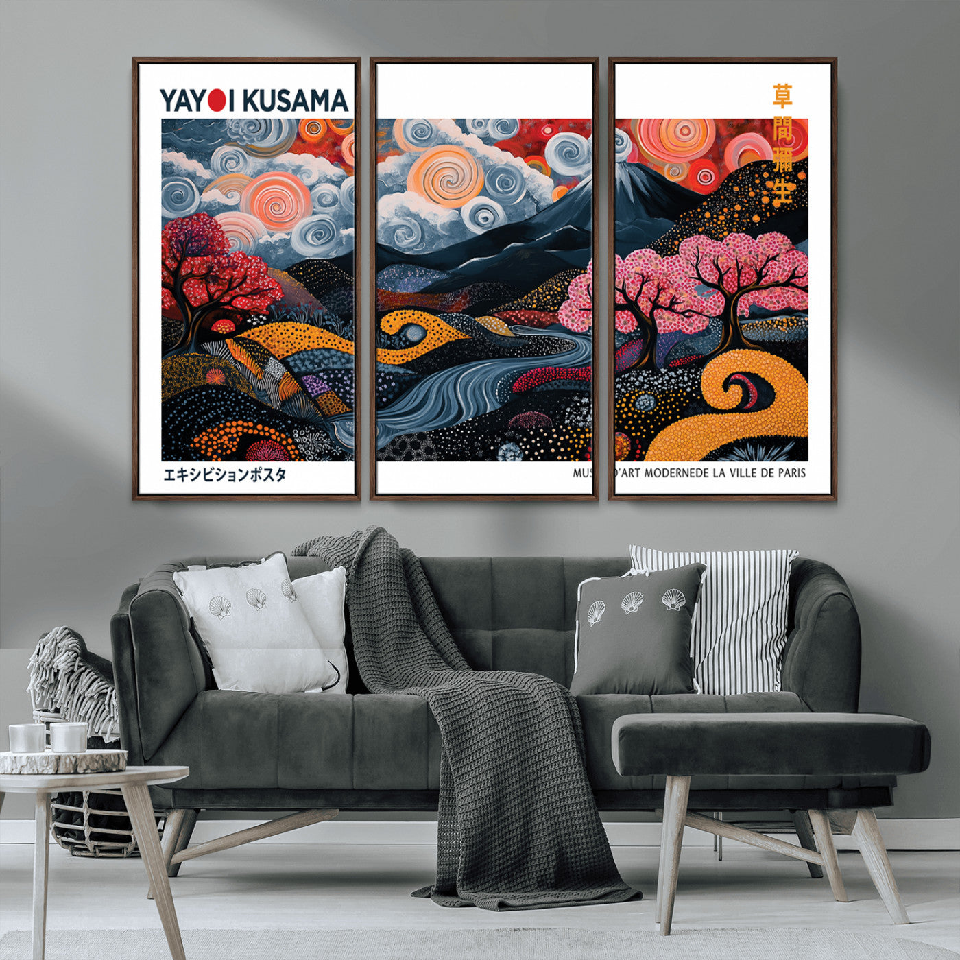 MGV-FC-48X32-3P - Modern Japanese Wall Art Print Yayoi Kusama Canvas Wall Art Abstract Mount Fuji Canvas Print