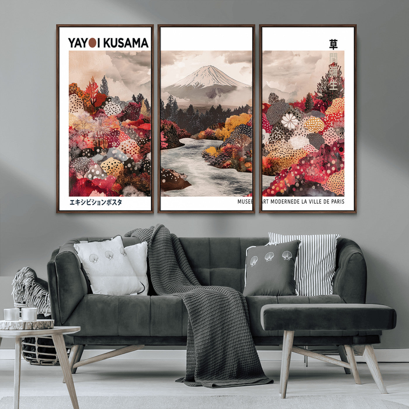 MGV-FC-48X32-3P - Modern Japanese Wall Art Print, Yayoi Kusama Canvas Wall Art, Abstract Mount Fuji Art Canvas Print,