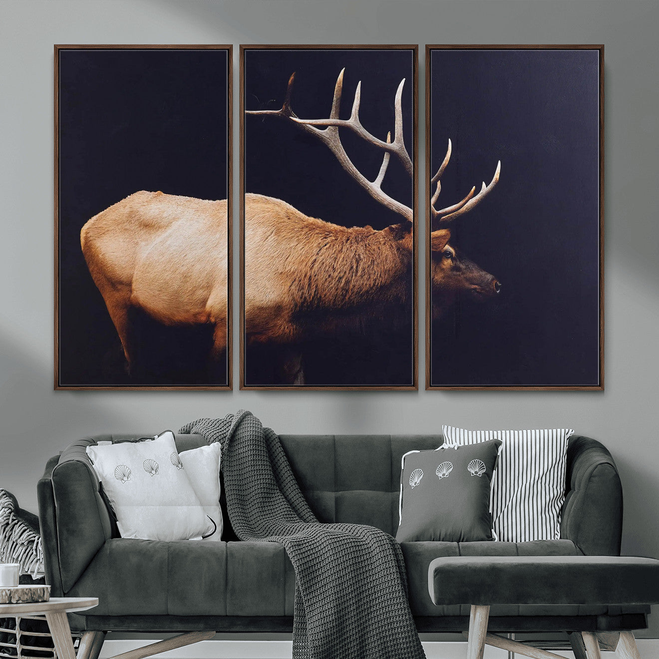 89239257-MGV-FC-48X32-3P - Rustic Elk Wall Art Canvas Print – Framed Moody Wildlife Art Picture Western Animal Artwork for Home, Office