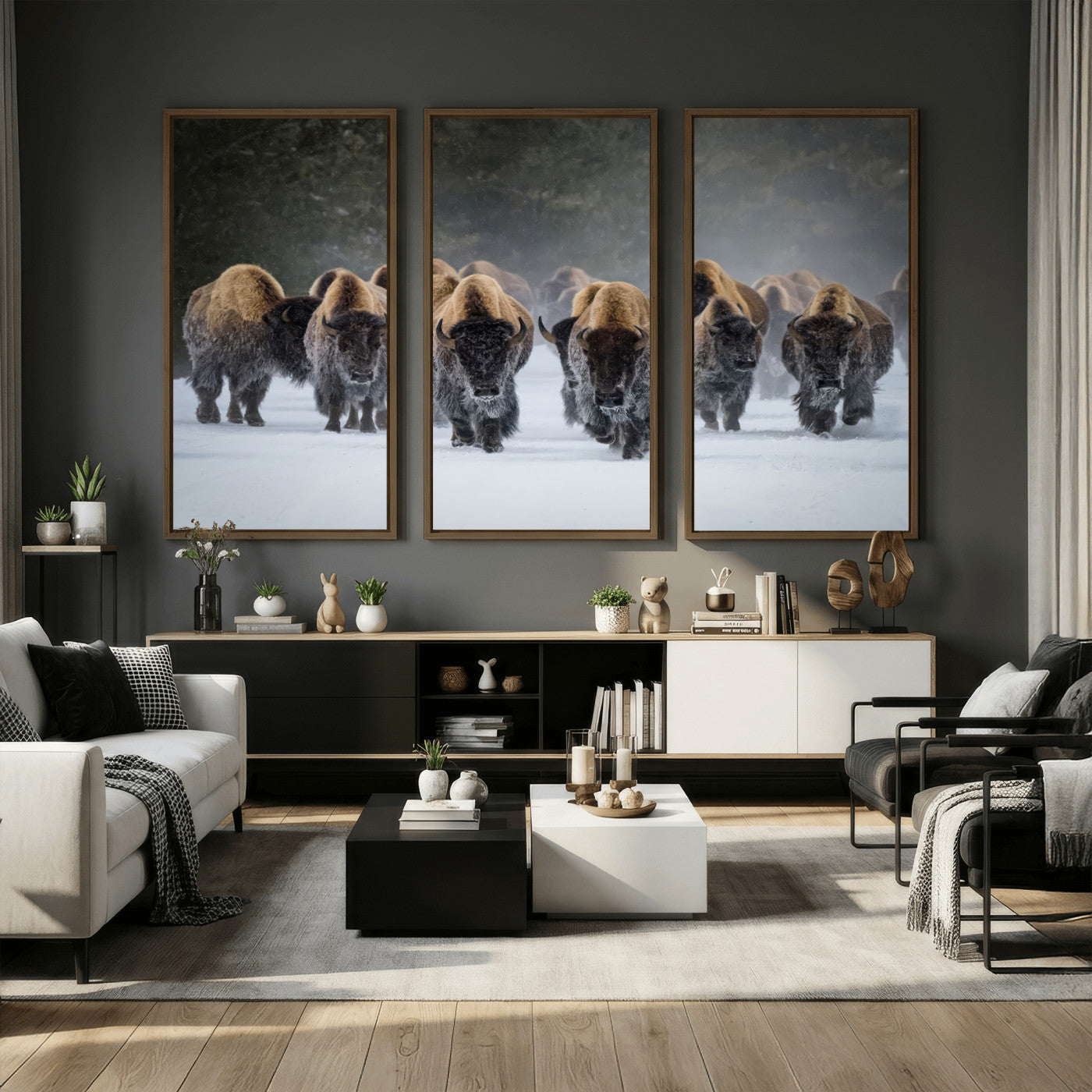 41669135-MGV-CV-36X24 - Winter Bison Herd Wall Art – Majestic Buffalo Charge Canvas Print with Snow Covered Plains, Rustic Wildlife Strength and Untamed Nature Decor for Home and Office