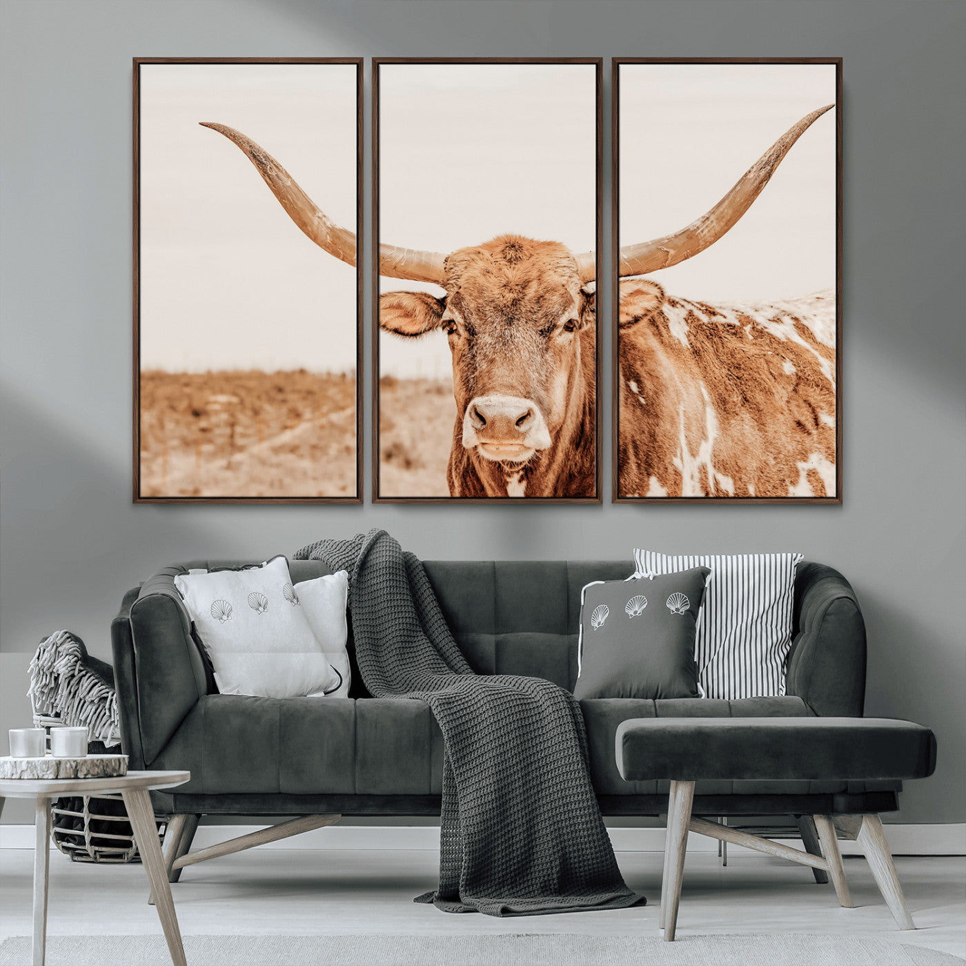MGV-FC-48X32-3P - Longhorn Bull Wall Art Canvas Print, Framed Western Cow Art Picture Print, Rustic Farmhouse Perfect Neutral Farmhouse Decor Artwork