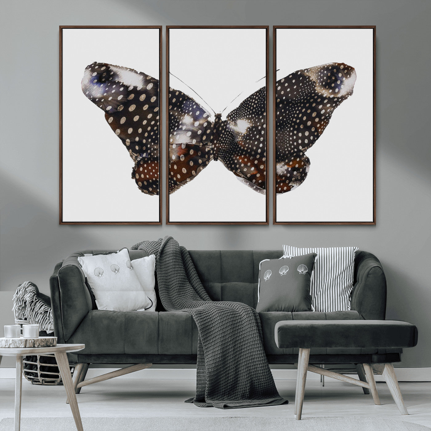 MGV-FC-48X32-3P - Spotted Butterfly Wall Art Canvas Print, Framed Neutral Insect Theme Art Picture Print, Earthy Wing Pattern Perfect Modern Rustic Decor Artwork