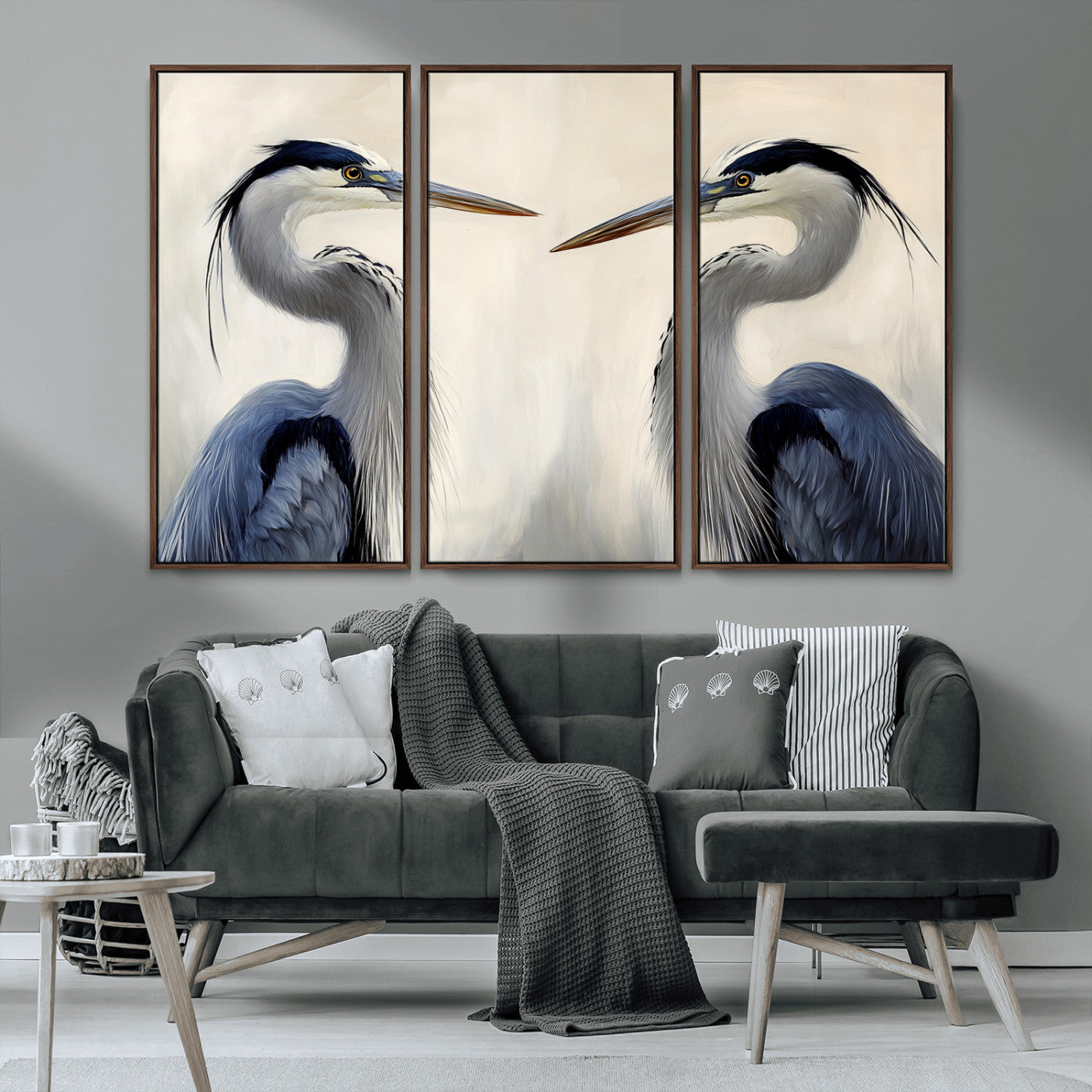 MGV-FC-48X32-3P - Blue Heron Pair Wall Art Canvas Print, Framed Coastal Bird Theme Art Picture Print, Tranquil Wildlife Scene Perfect Coastal Minimalist Decor Artwork