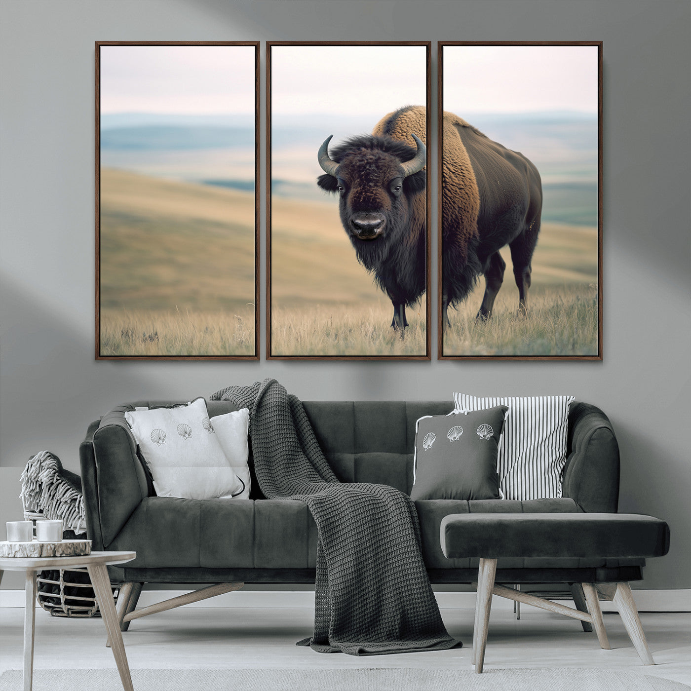 MGV-FC-48X32-3P - Bison Wall Art Wall Art Canvas Print, Framed Buffalo Canvas Print Art Picture Print, American Bison Decor Perfect Rustic Western Decor Artwork