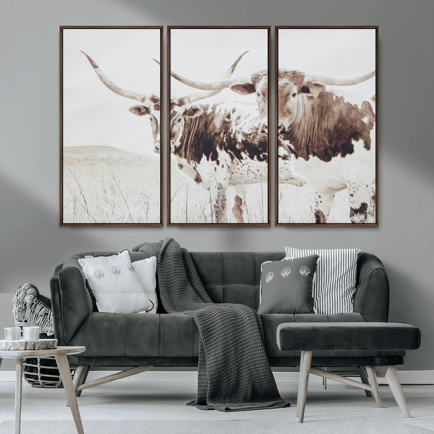 MGV-FC-48X32-3P - Longhorn Wall Art Wall Art Canvas Print, Framed Western Cow Canvas Art Picture Print, Rustic Farm Decor Perfect Rustic Farmhouse Decor Artwork