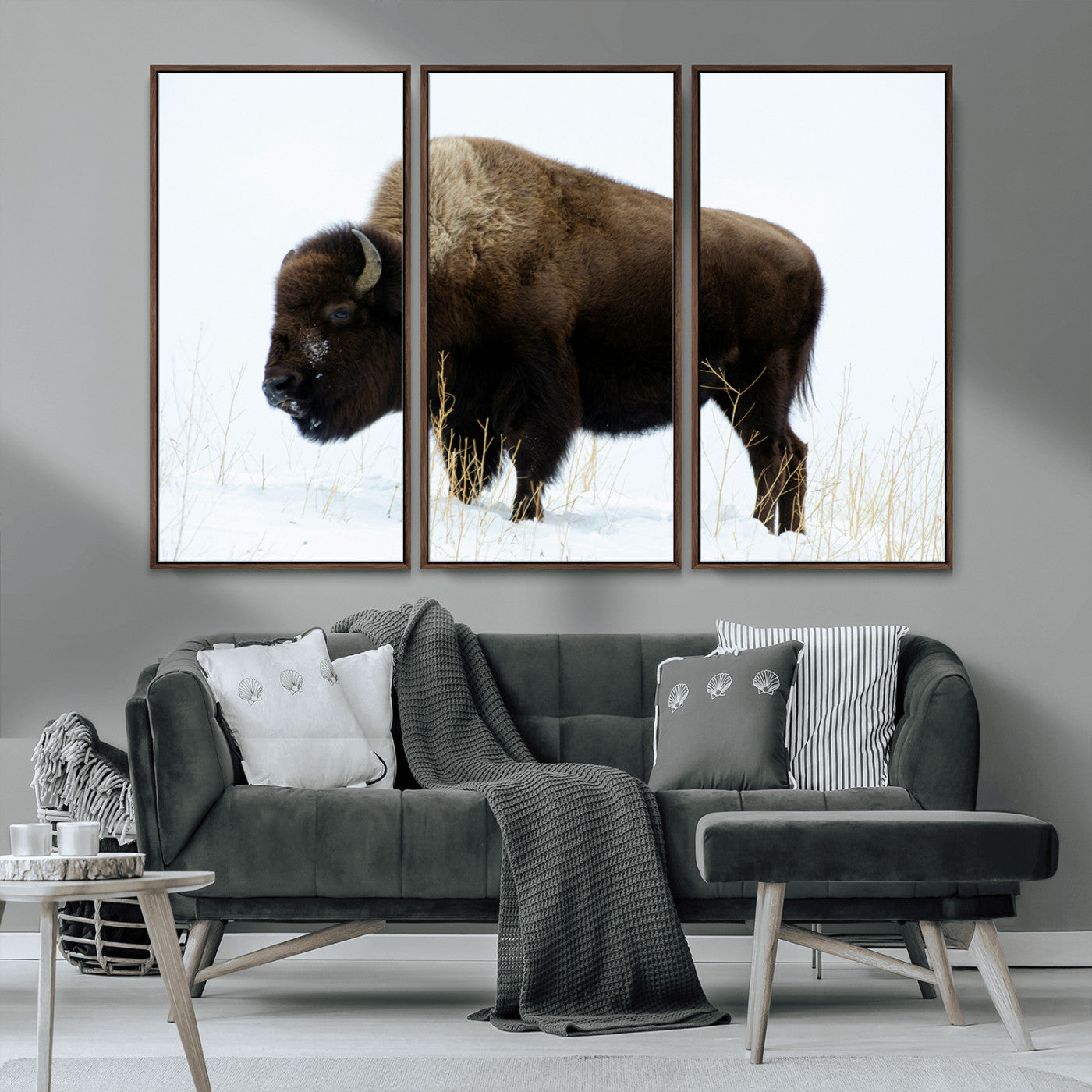 MGV-FC-48X32-3P - Bison Photography Wall Art Canvas Print, Framed Western Wildlife Art Picture Print, Buffalo On Snow Perfect Western Decor Artwork