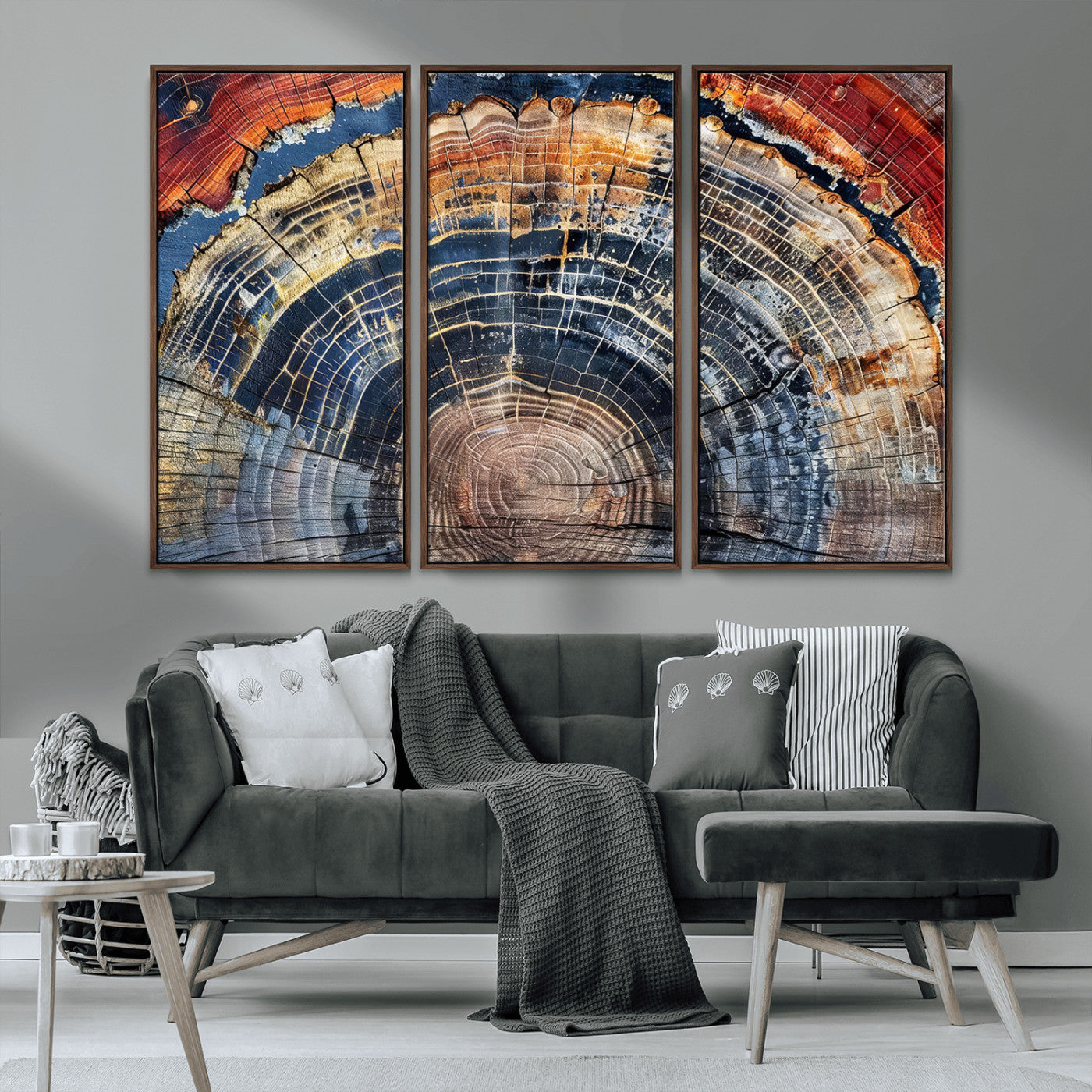 MGV-FC-48X32-3P - Tree Rings Wall Art Canvas Print, Framed Wood Texture Art Picture Print, Petrified Wood Perfect Modern Rustic Decor Artwork