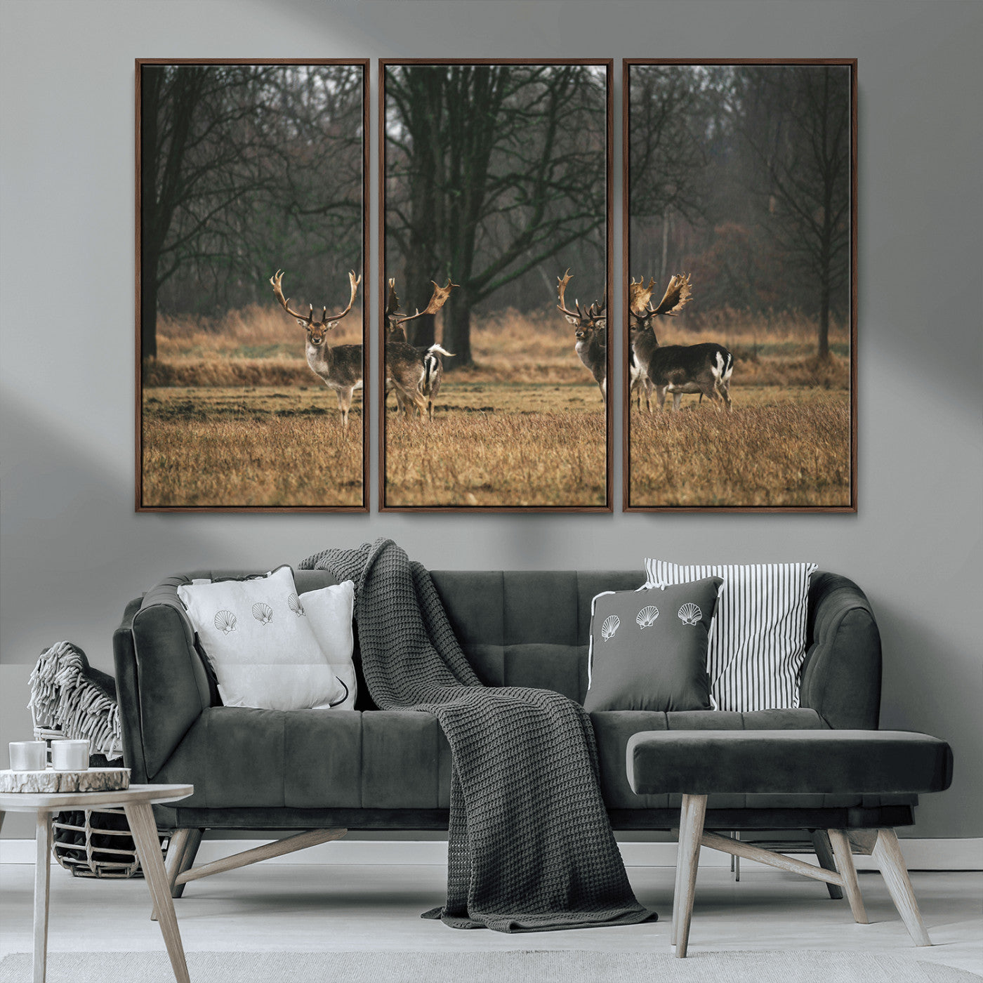 MGV-FC-48X32-3P - Deer Photography Wall Art Canvas Print, Framed Rustic Wildlife Art Picture Print, Stags In Forest Perfect Rustic Wilderness Decor Artwork