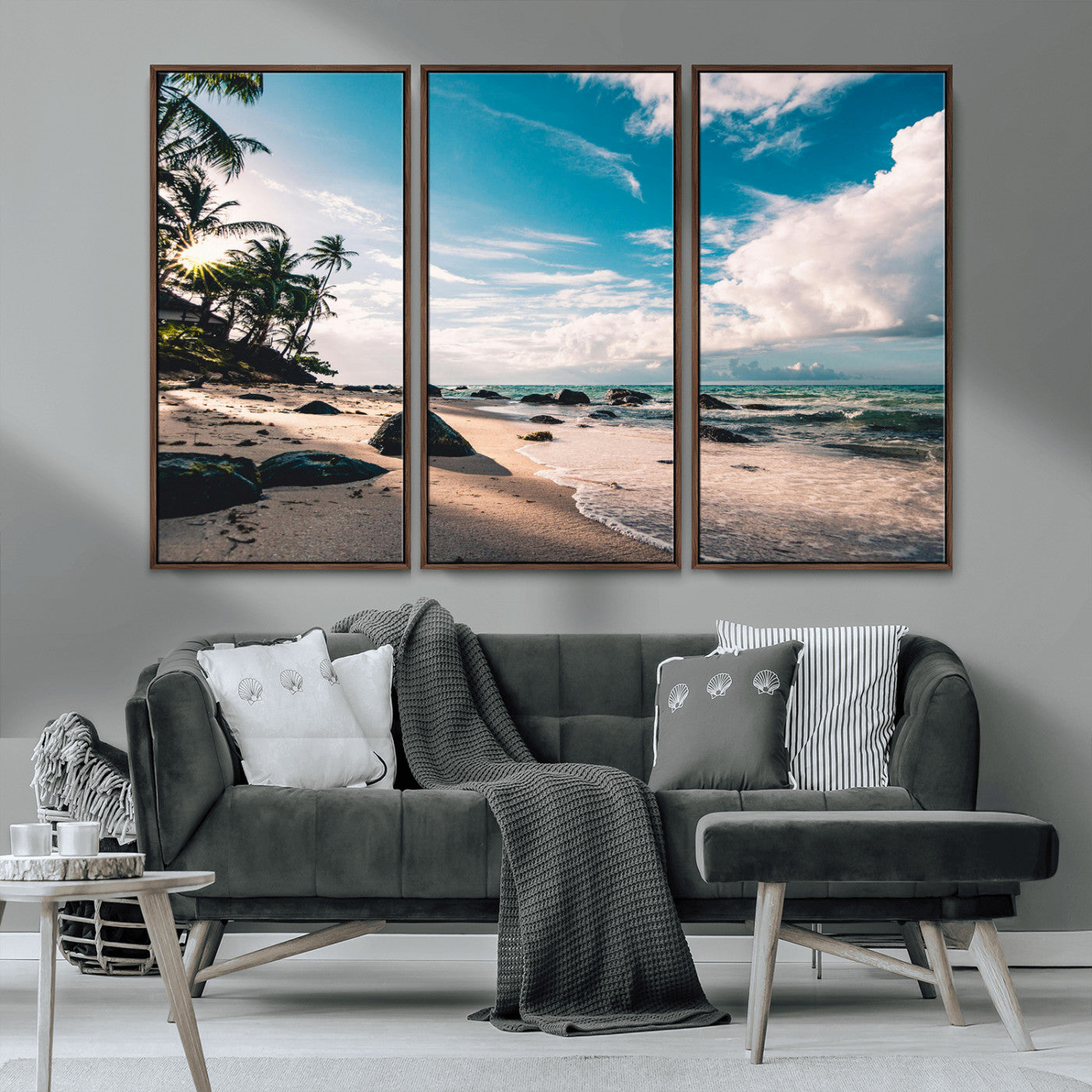 MGV-FC-48X32-3P - Tropical Beach Wall Art Canvas Print, Framed Ocean Waves Art Picture Print, Relazxing Seascape Perfect Tropical Coastal Decor Artwork