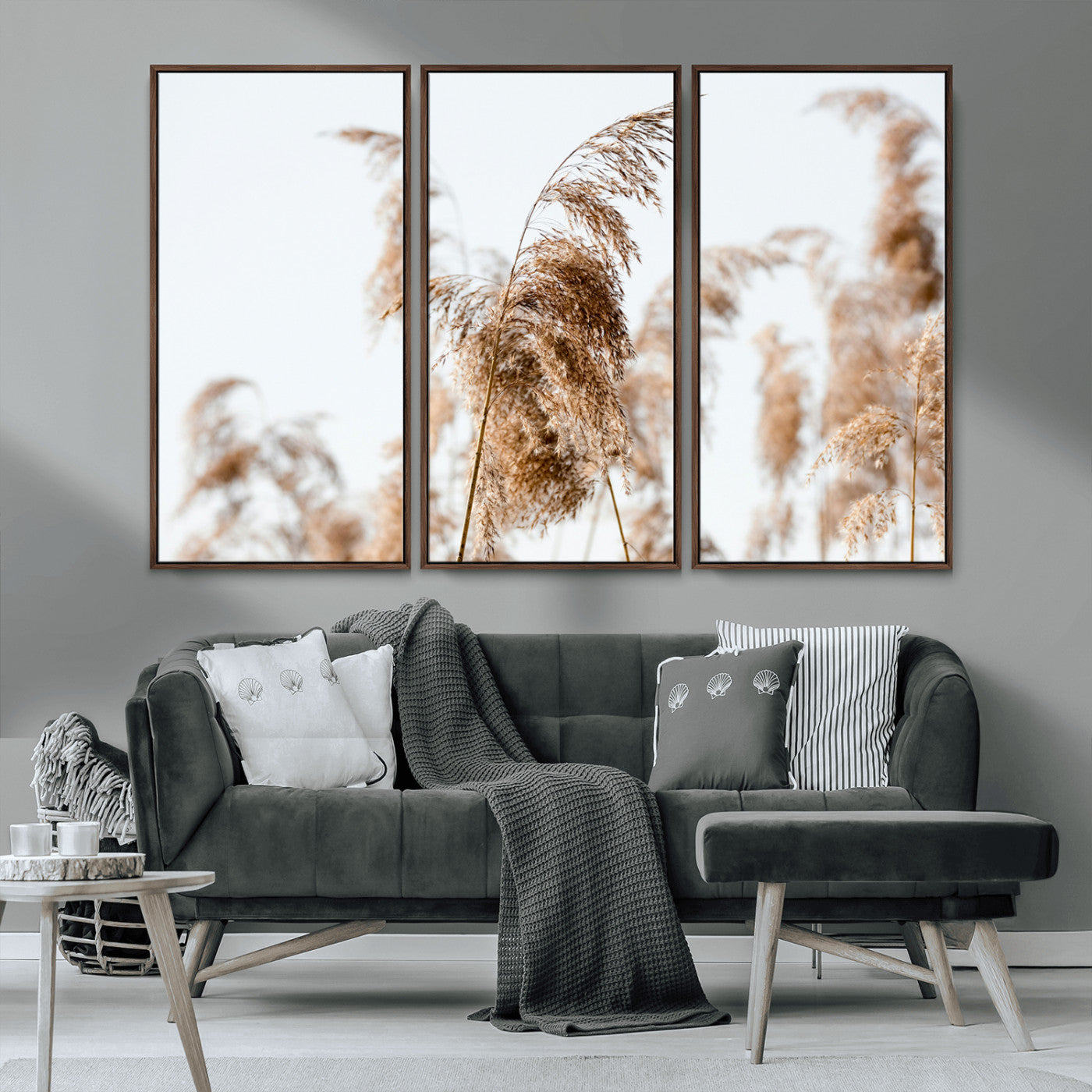 MGV-FC-48X32-3P - Pampas Grass Wall Art Canvas Print, Framed Neutral Tones Art Picture Print, Minimalist Nature Perfect Boho Decor Artwork