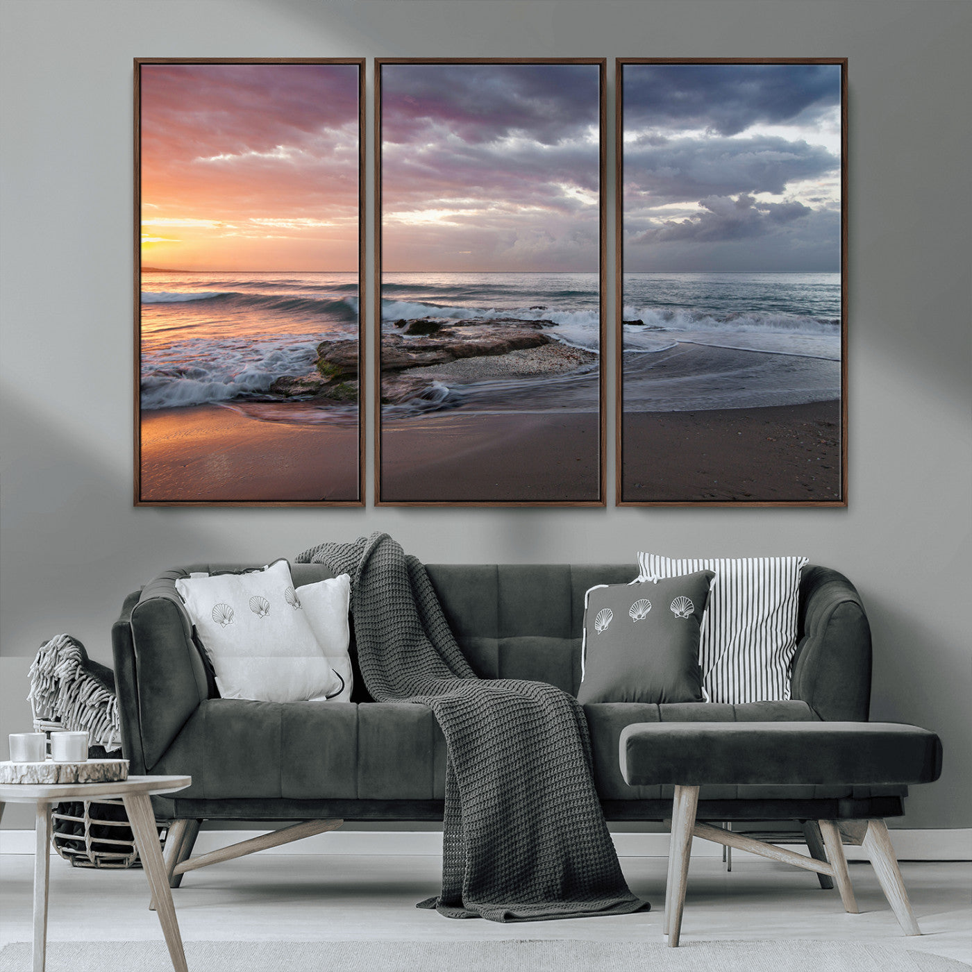 MGV-FC-48X32-3P - Golden Hour Wall Art Canvas Print, Framed Tranquil Waves Art Picture Print, Beach Perfect Coastal Serenity Decor Artwork