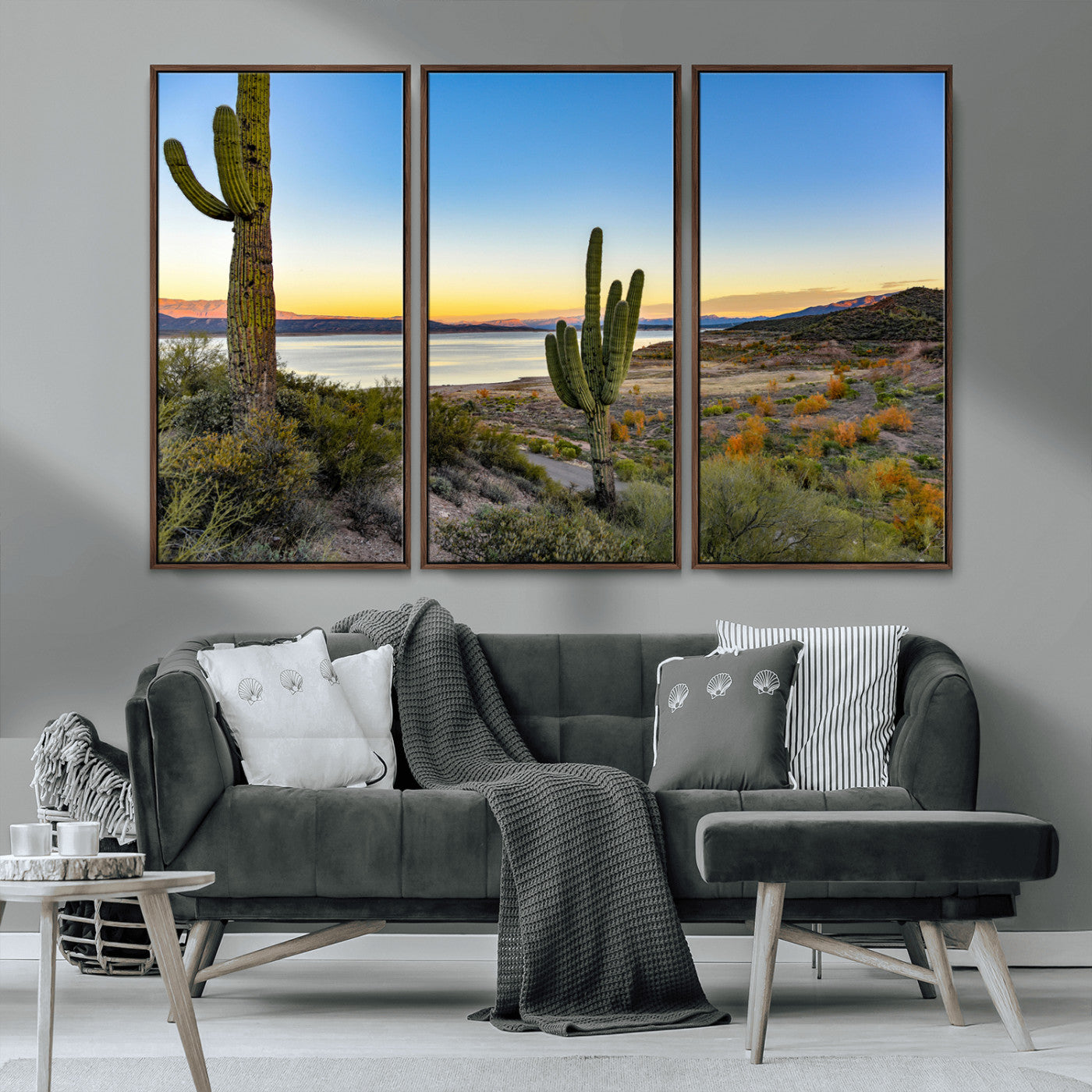 MGV-FC-48X32-3P - Saguaro Cactus Wall Art Canvas Print, Framed Desert Sunset Art Picture Print, Southwestern Perfect Southwestern Decor Artwork