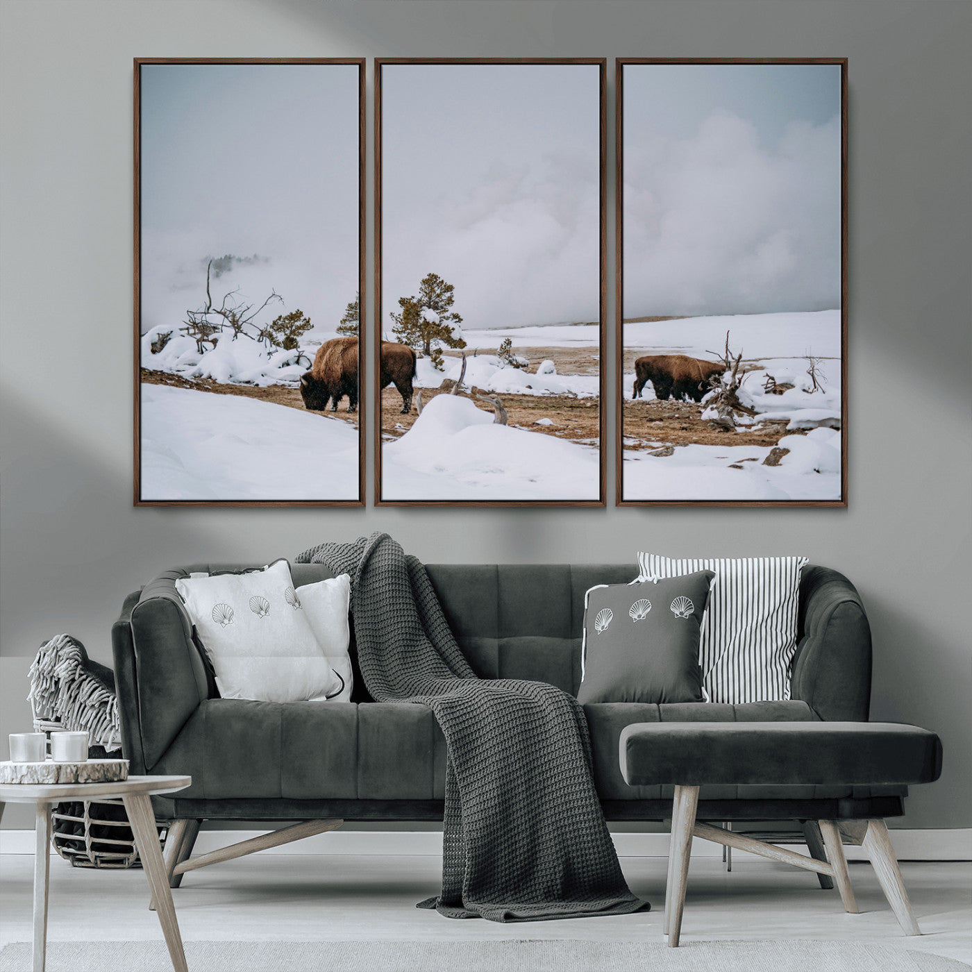 MGV-FC-48X32-3P - Bison Wildlife Wall Art Canvas Print, Framed Snowy Prairie Art Picture Print, Western Perfect Rustic Decor Artwork