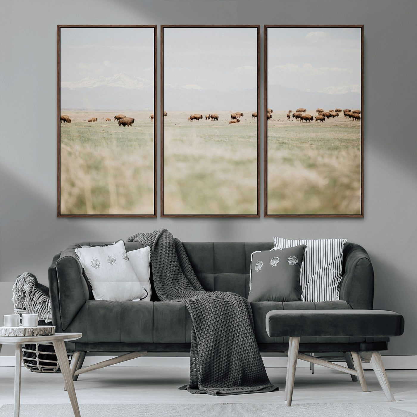 MGV-FC-48X32-3P - Bison Herd Wall Art Canvas Print, Framed Western Art Picture Print, Bison Perfect Ranch Decor Artwork