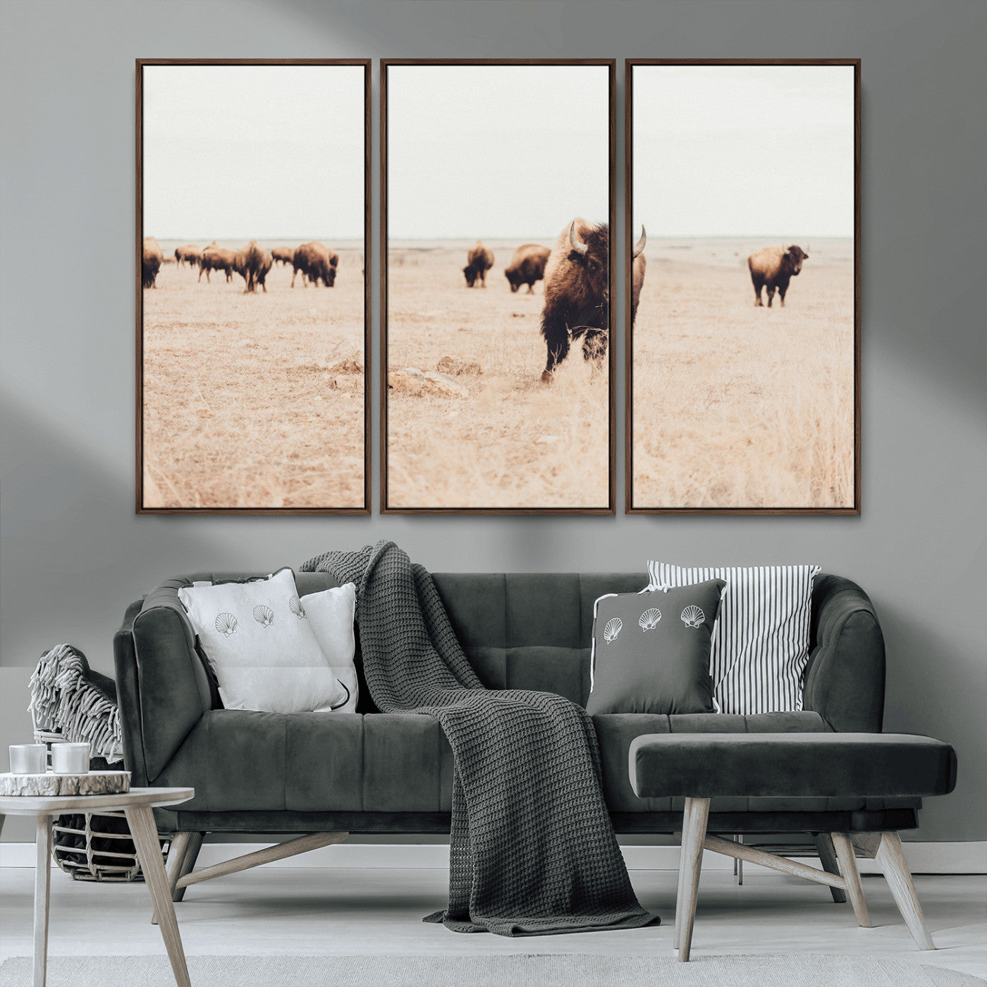 MGV-FC-48X32-3P - Bison Herd Wall Art Canvas Print, Framed Western Art Picture Print, Prairie Serenity Perfect Ranch Decor Artwork