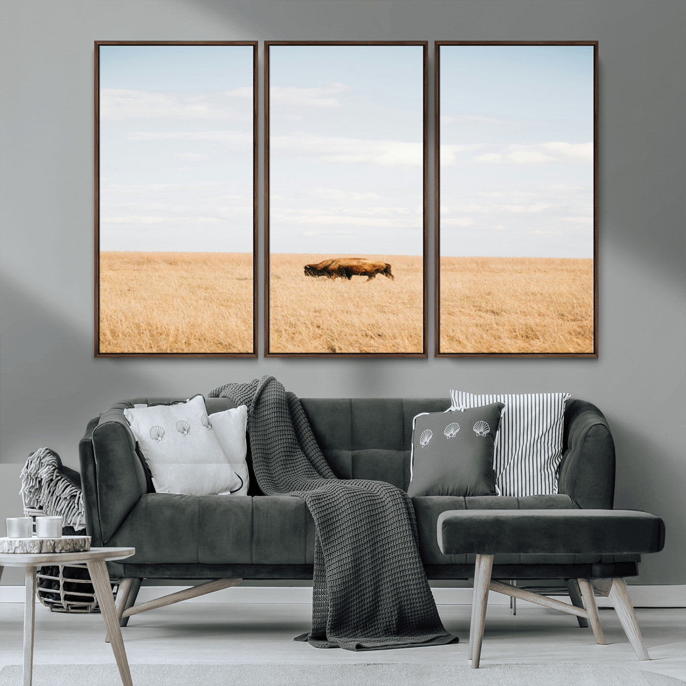MGV-FC-48X32-3P - Minimalist Nature Wall Art Canvas Print, Framed Bison In Grassland Art Picture Print, Open Field Perfect Modern Ranch Decor Decor Artwork