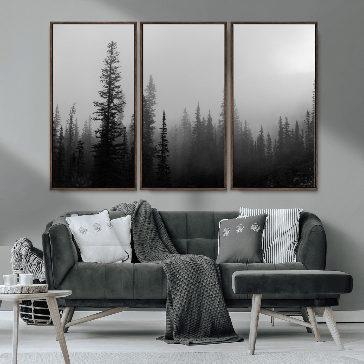 MGV-FC-48X32-3P - Misty Pines Wall Art Canvas Print, Framed Woodland Photography Art Picture Print, Minimalist Decor Perfect Rustic Decor Artwork