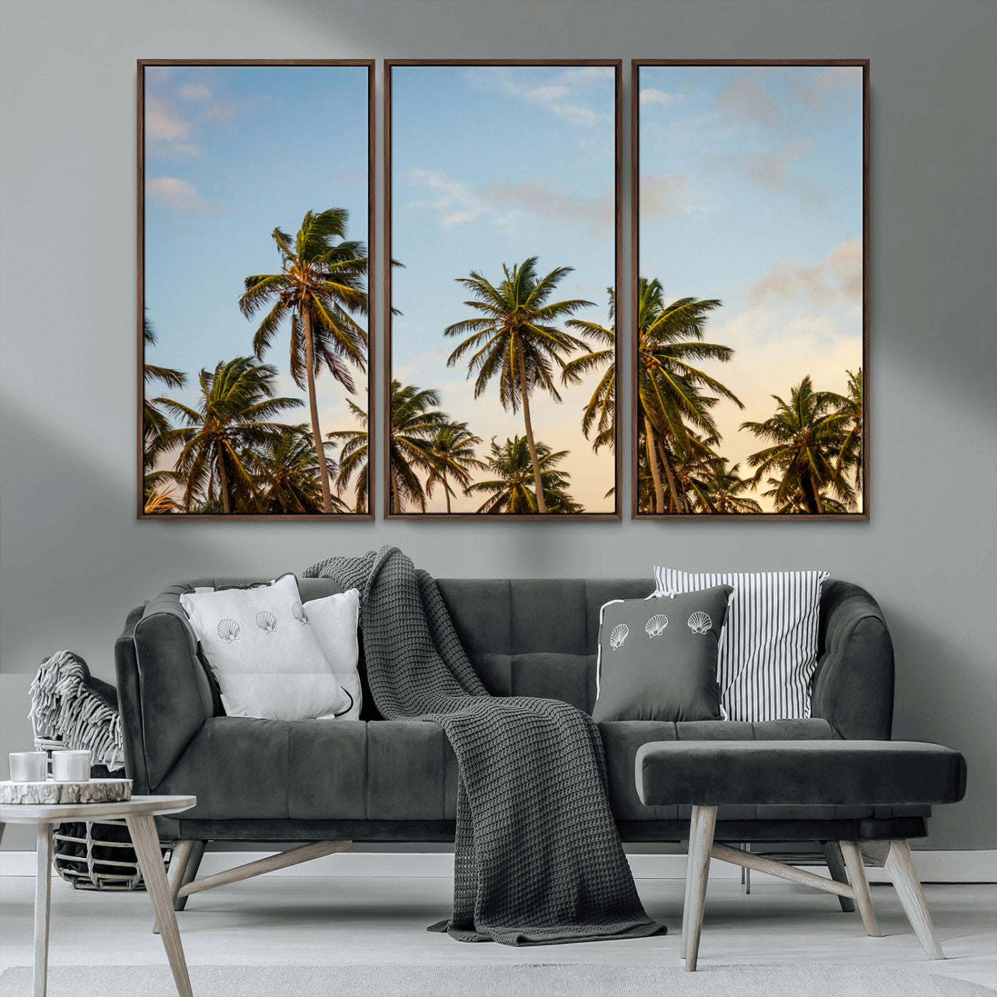 MGV-FC-48X32-3P - Palm Trees Wall Art Canvas Print, Framed Tropical Vibes Art Picture Print, Coastal Sunset Perfect Coastal Boho Decor Artwork