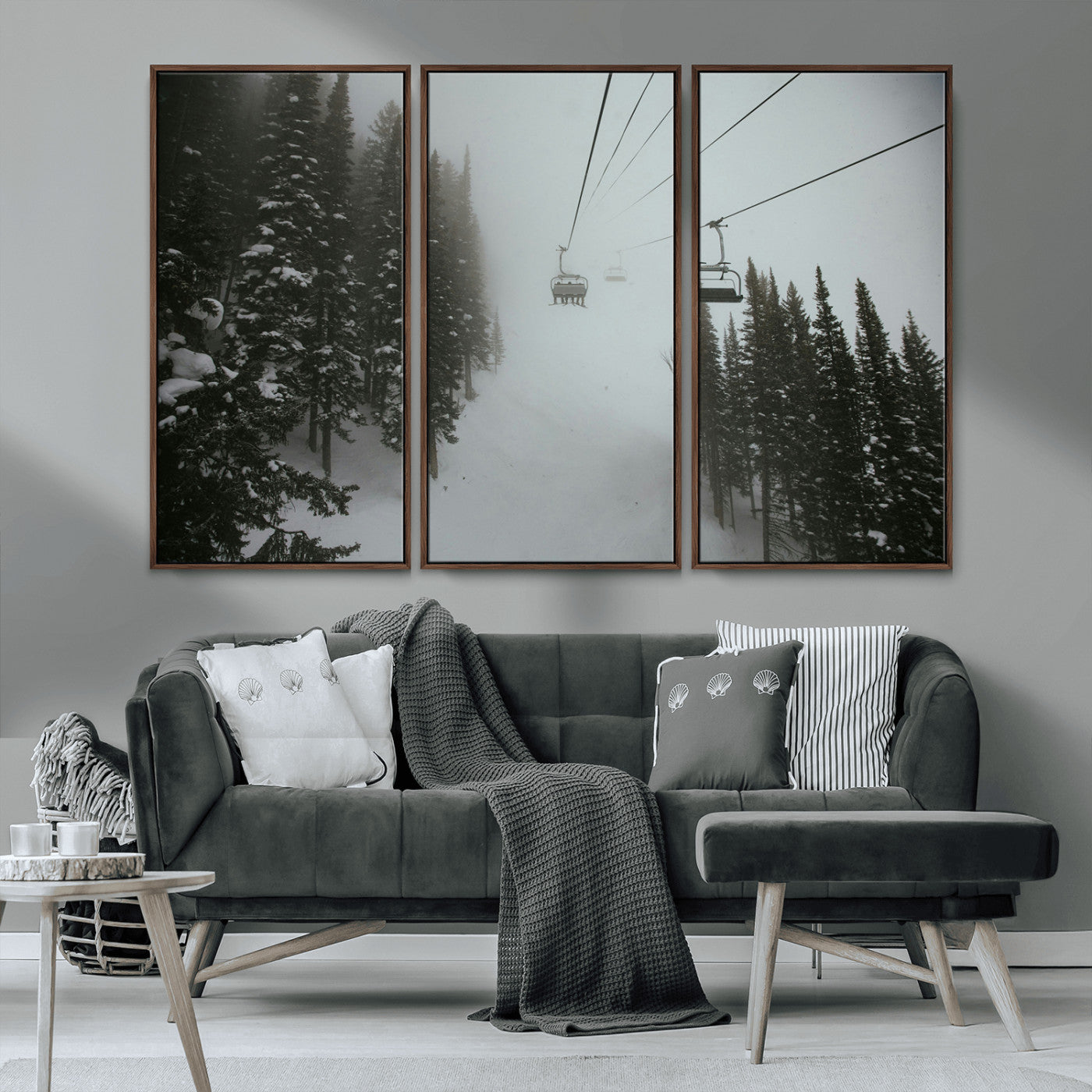 MGV-FC-48X32-3P - Ski Lift Wall Art Canvas Print, Framed Snowy Pines Art Picture Print, Misty Landscape Perfect Winter Serenity Decor Artwork
