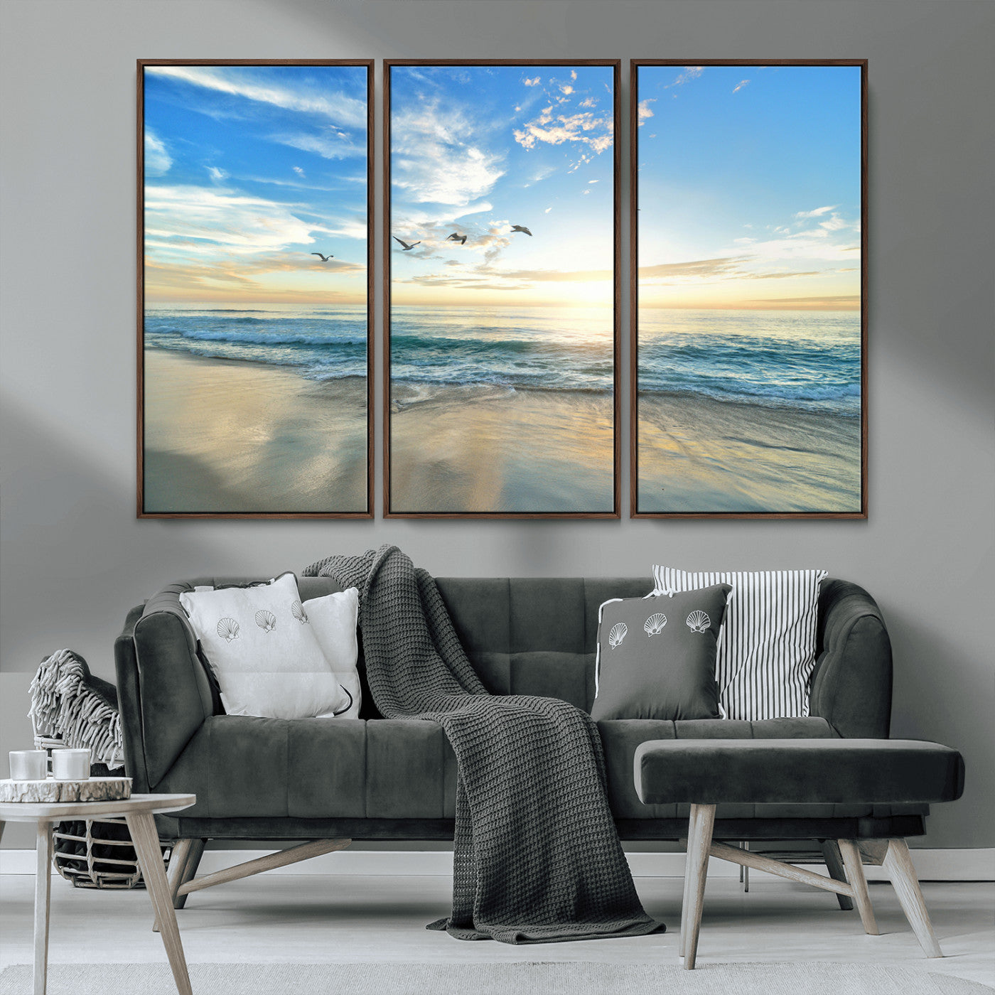 MGV-FC-48X32-3P - Minimalist Seaside Wall Art Canvas Print, Framed Morning Glow Art Picture Print, Golden Reflections Perfect Coastal Minimalist Decor Artwork