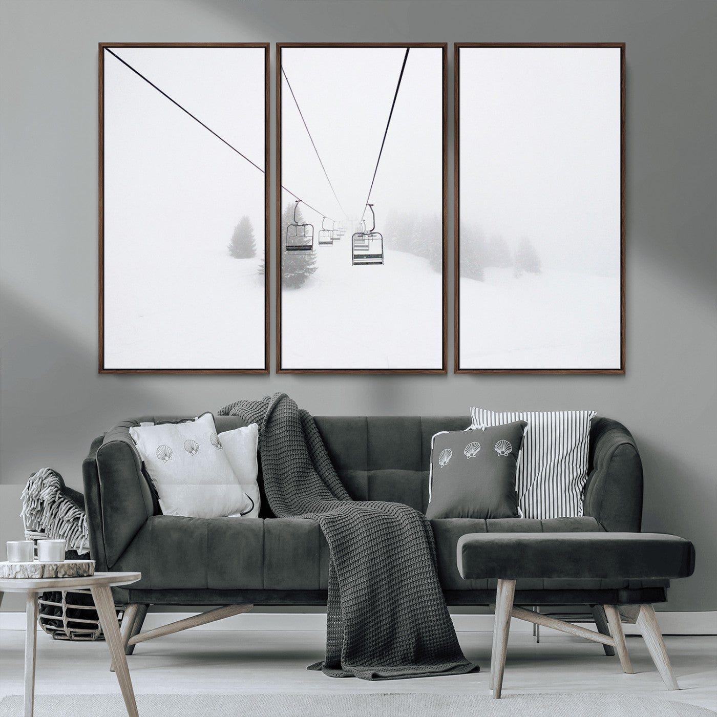 MGV-FC-48X32-3P - Ski Lift Wall Art Canvas Print, Framed Snowy Landscape Art Picture Print, Alpine Adventure Perfect Nordic Minimalist Decor Artwork