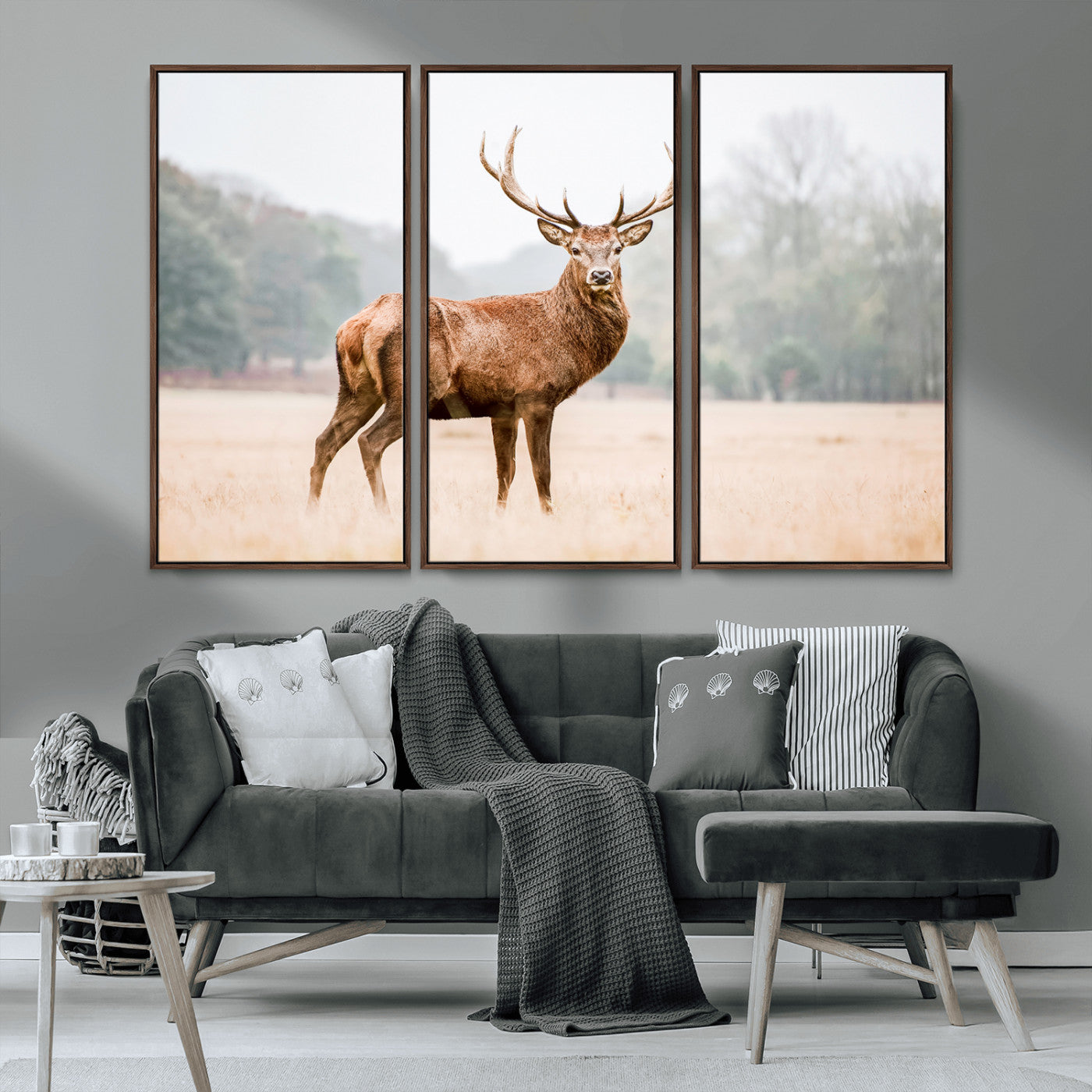 MGV-FC-48X32-3P - Vintage Wildlife Art Wall Art Canvas Print, Framed Misty Landscape Art Picture Print, Deer Wall Art Perfect Rustic Wildlife Decor Artwork