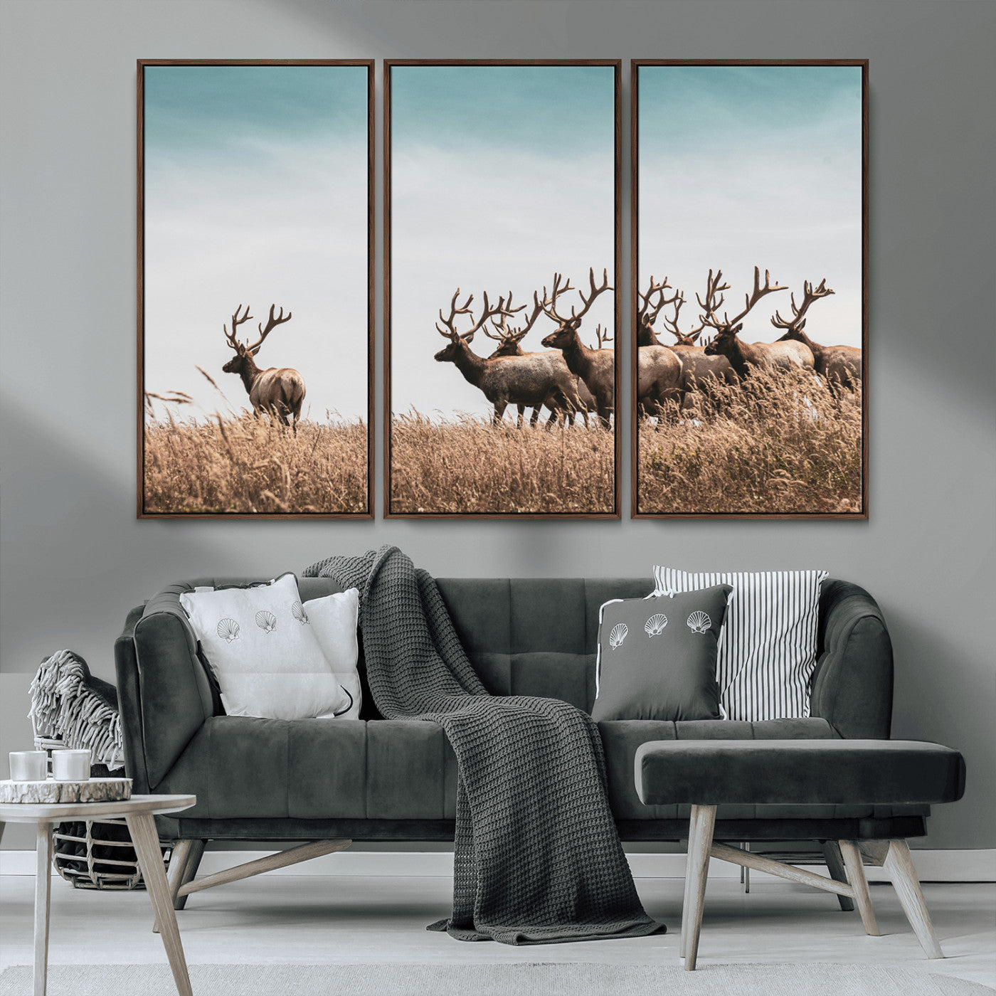 MGV-FC-48X32-3P - Elk Herd Wall Art Canvas Print, Framed Wildlife Photography Art Picture Print, Rustic Nature Print Perfect Rustic Wildlife Decor Artwork