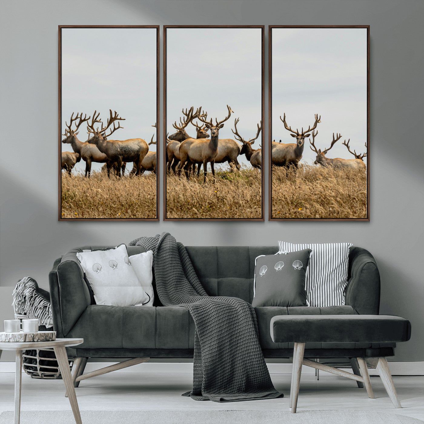 MGV-FC-48X32-3P - Elk Herd Wall Art Canvas Print, Framed Wildlife Photography Art Picture Print, Majestic Antlers Perfect Rustic Wildlife Decor Artwork
