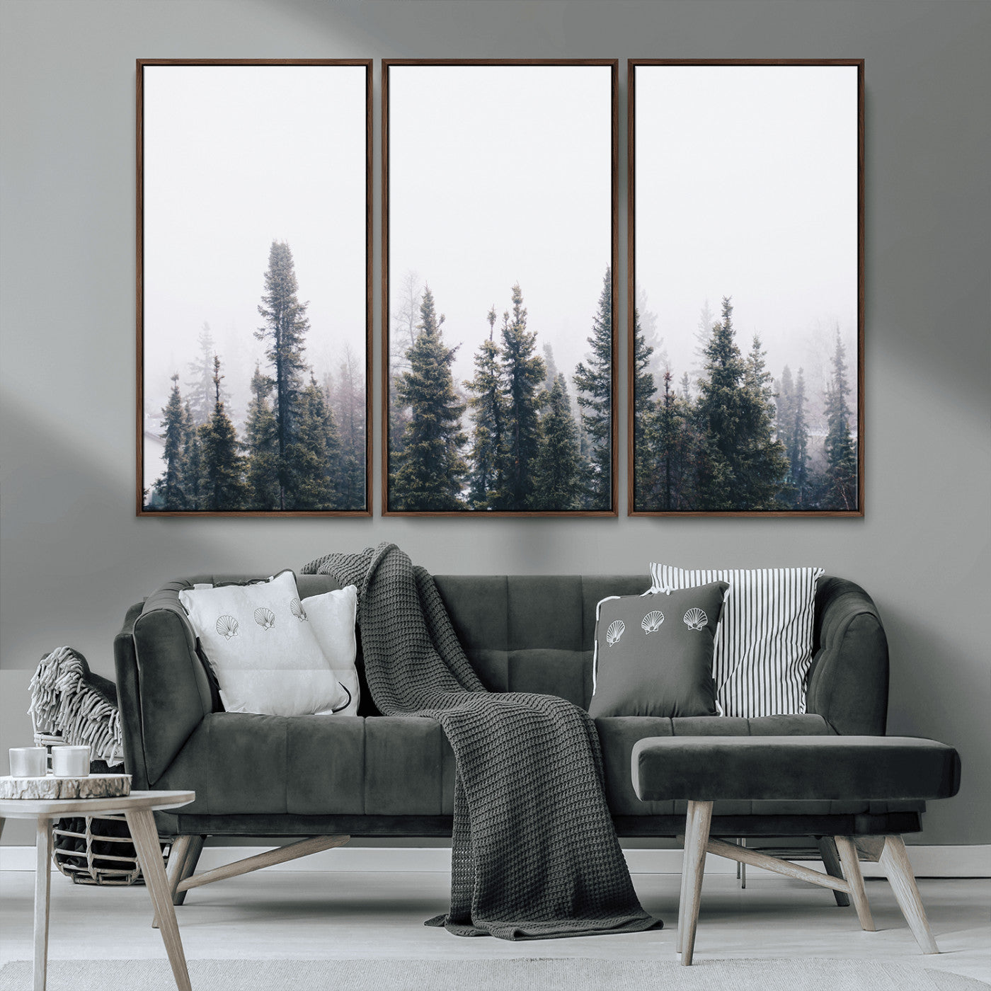 MGV-FC-48X32-3P - Foggy Forest Wall Art Canvas Print, Framed Misty Pines Art Picture Print, Moody Woodland Perfect Scandinavian Minimalist Decor Artwork