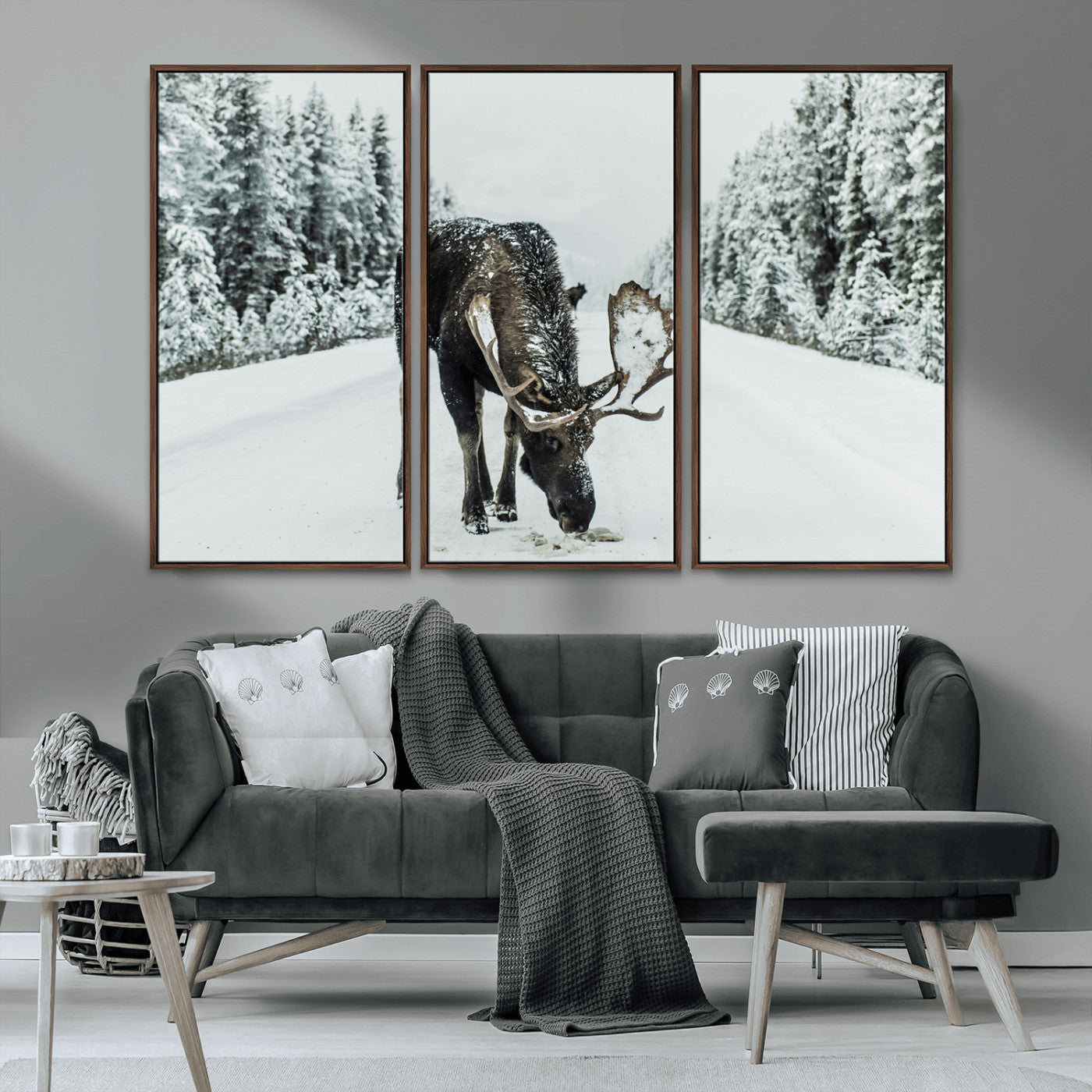 MGV-FC-48X32-3P - Moose in Snow Wall Art Canvas Print, Framed Winter Wildlife Art Picture Print, Snowy Forest Scene Perfect Rustic Lodge Decor Artwork