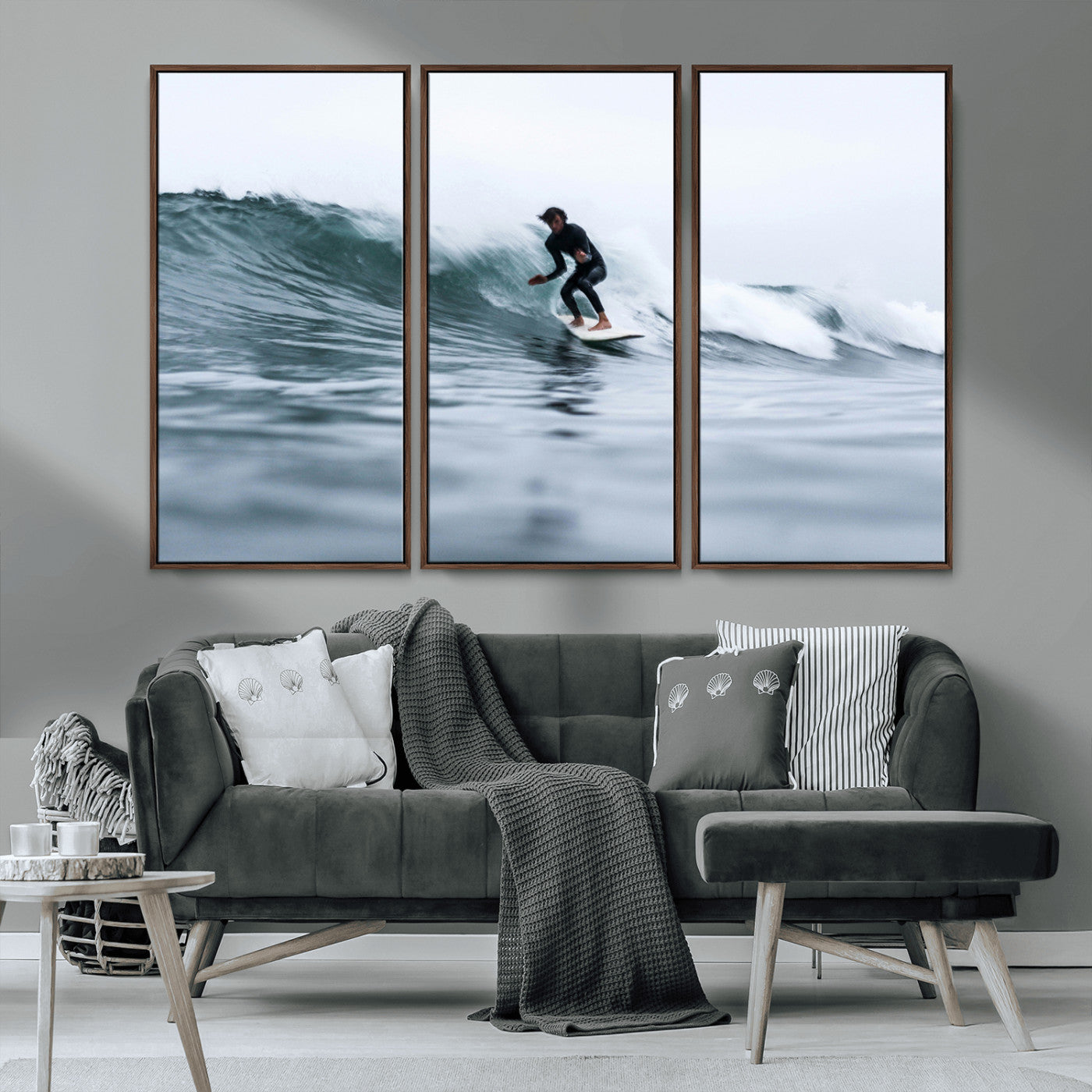 MGV-FC-48X32-3P - Surfer on Wave Wall Art Canvas Print, Framed Ocean Adventure Art Picture Print, Motion Blur Water Perfect Coastal Adventure Decor Artwork