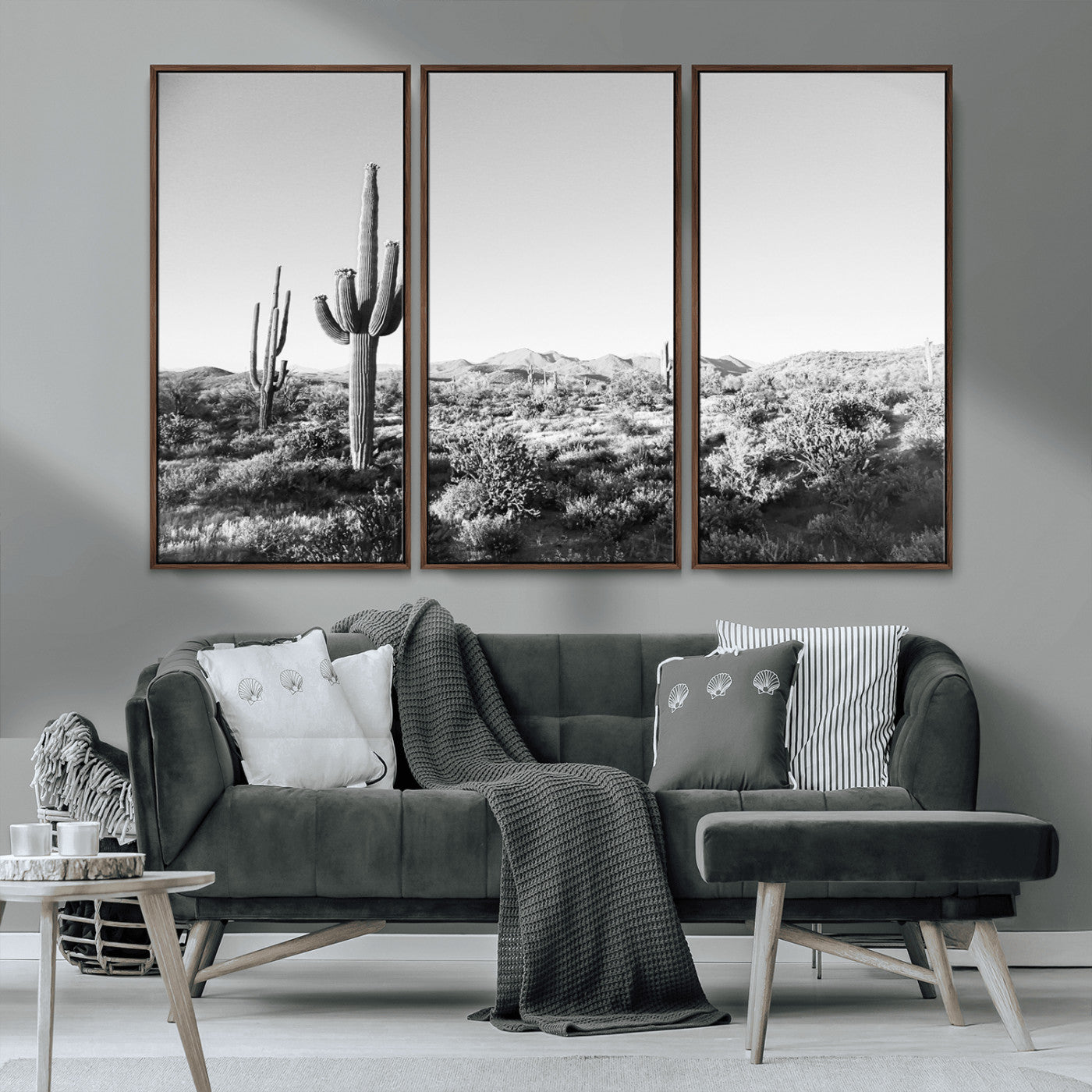 MGV-FC-48X32-3P - Saguaro Cactus Wall Art Canvas Print, Framed Monochrome Landscape Art Picture Print, Scenic Arizona View Perfect Minimalist Western Decor Artwork